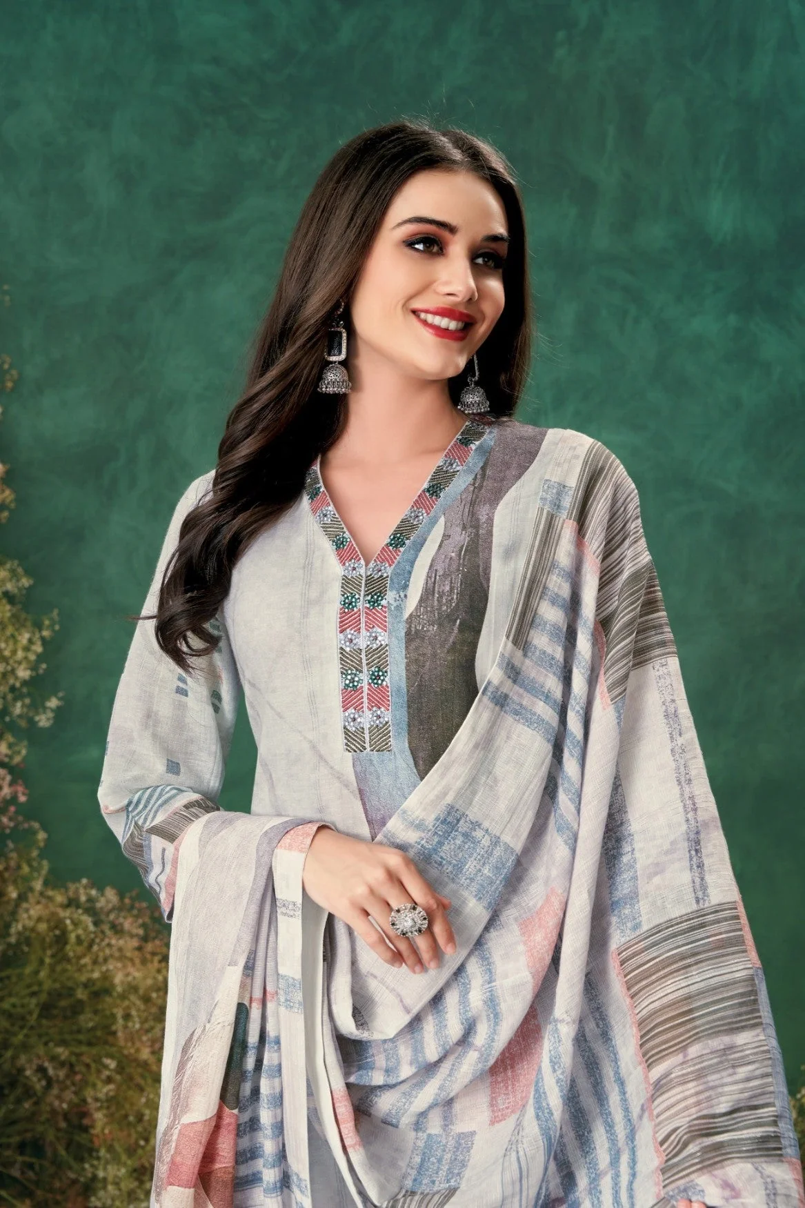 Rhino Grey Graphic Printed Linen Silk Pant Set - Image 2
