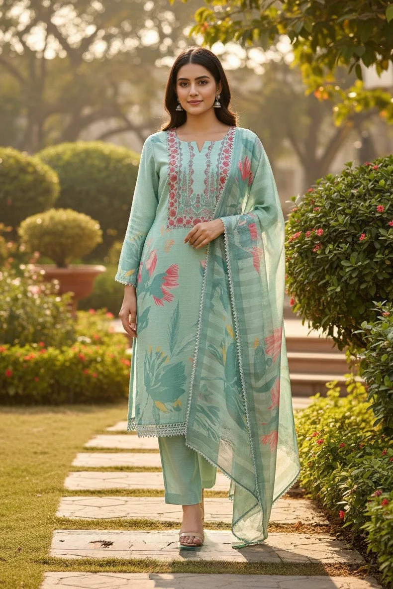 Mint Green Floral Embroidered Linen Pant Set