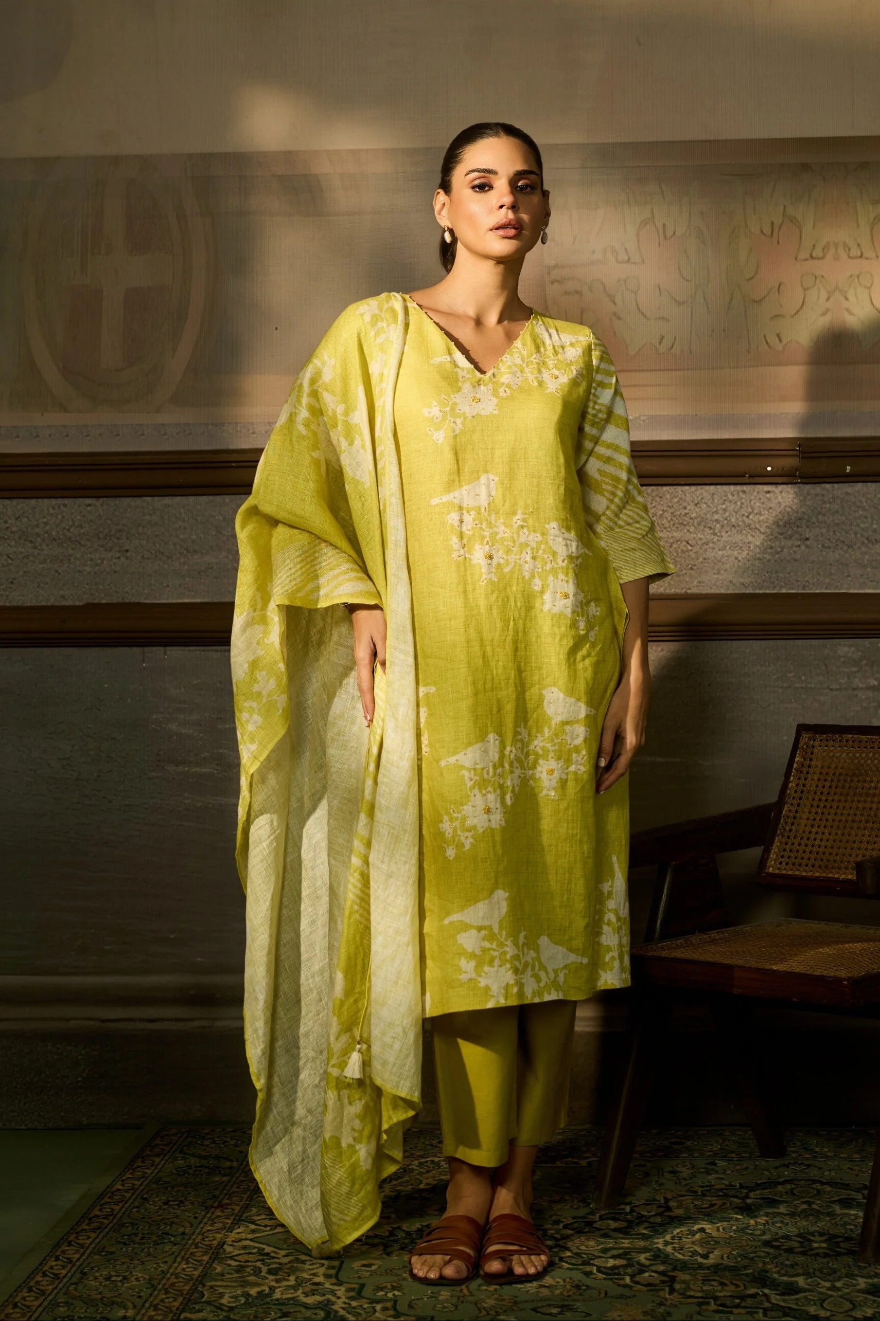 Lime Green Printed Linen Pant Set