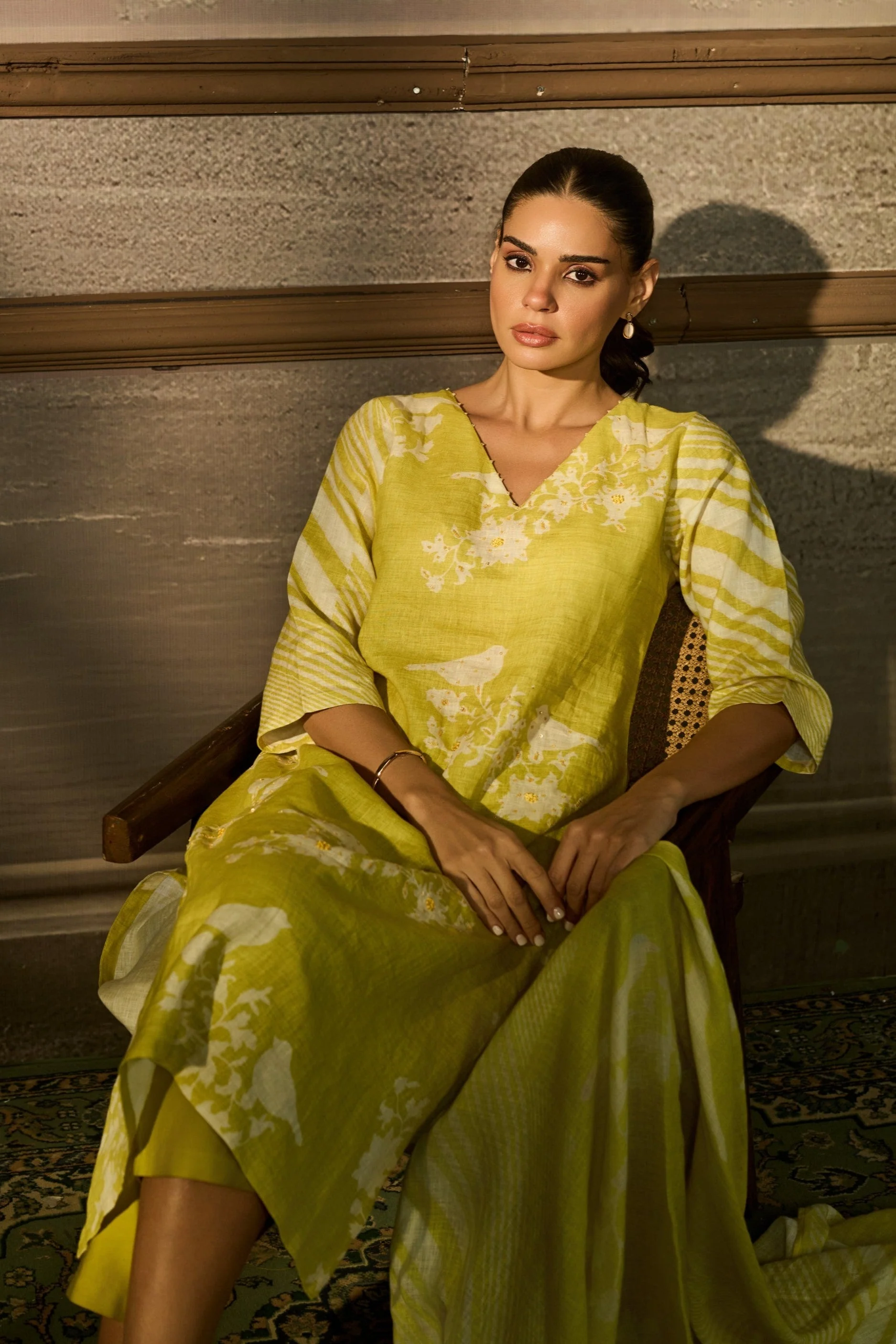 Lime Green Printed Linen Pant Set - Image 2