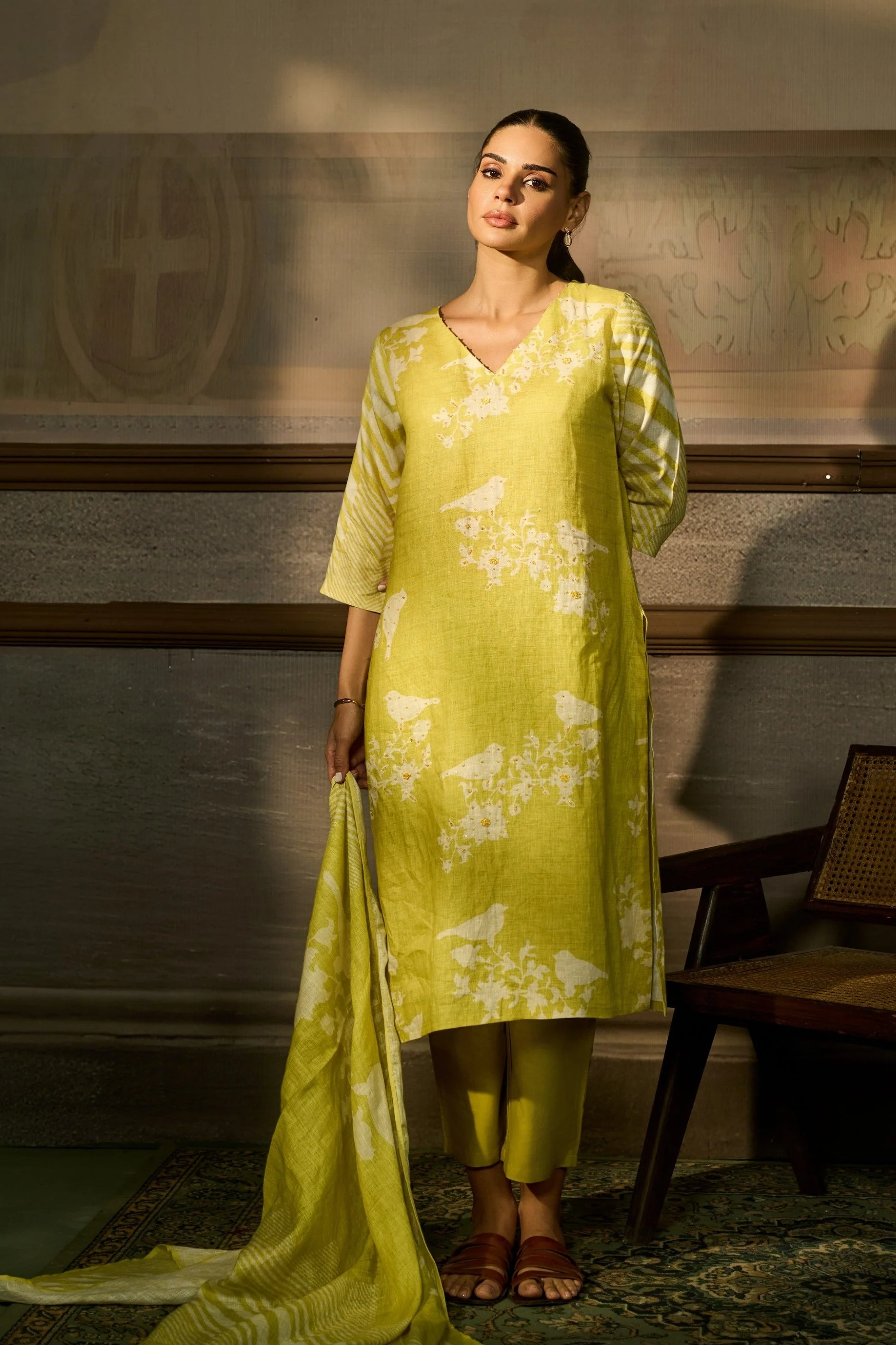 Lime Green Printed Linen Pant Set - Image 3