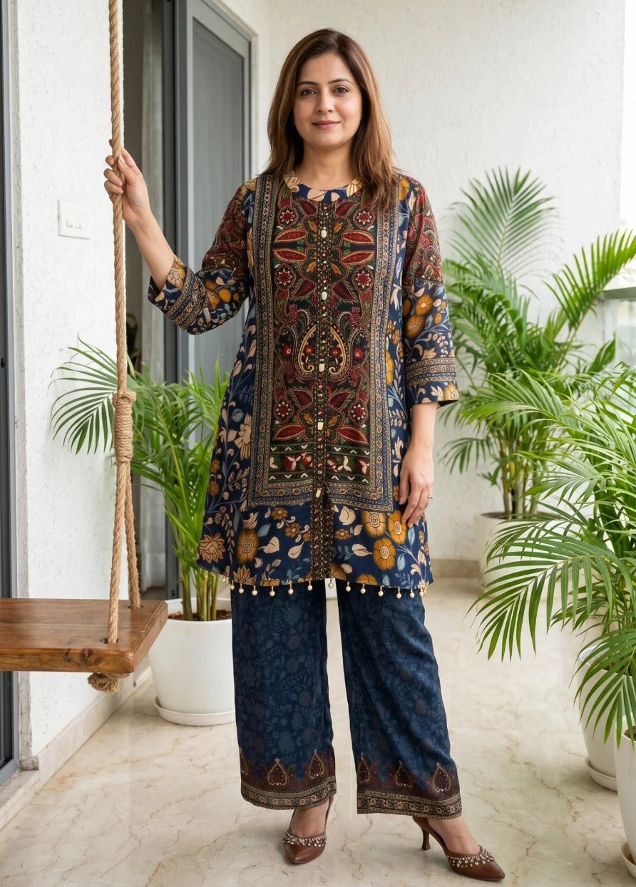 Indigo Mosaic Printed Crepe Silk Co-Ord Set