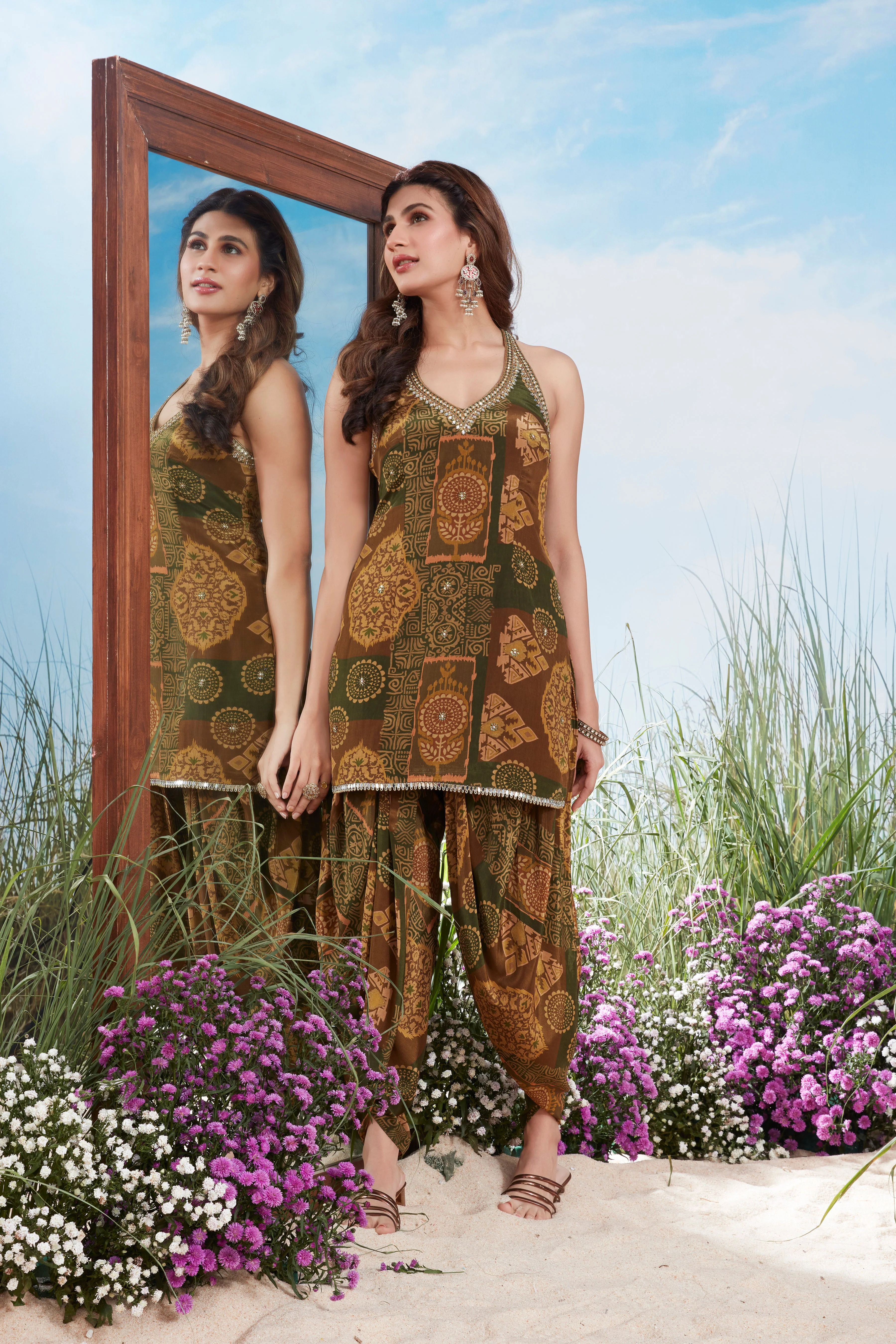 Earthy-Toned Printed Muslin Silk Dhoti Set - Image 3