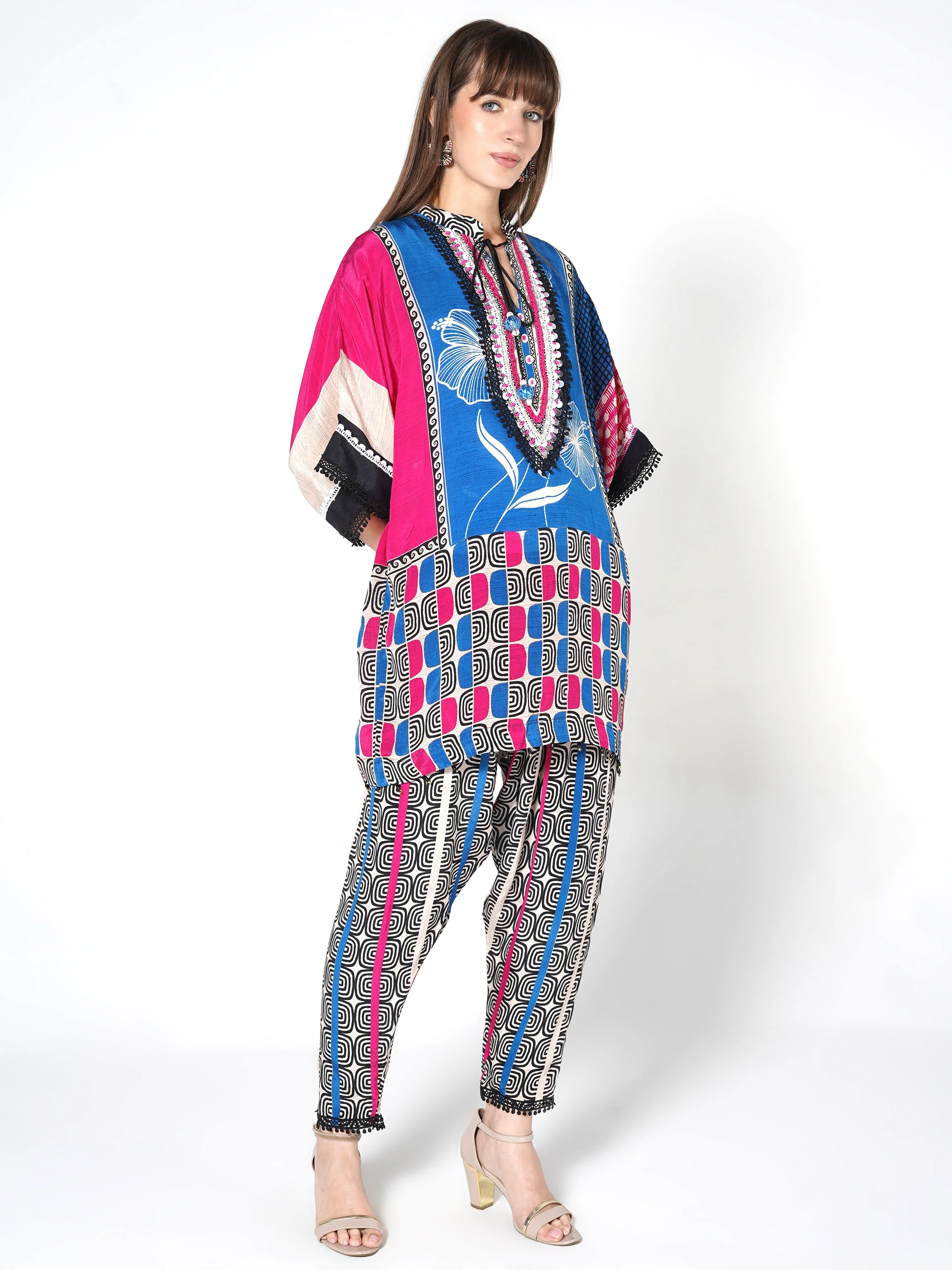 Blue and Multicolor Printed Crepe Silk Co-Ord Set - Image 4