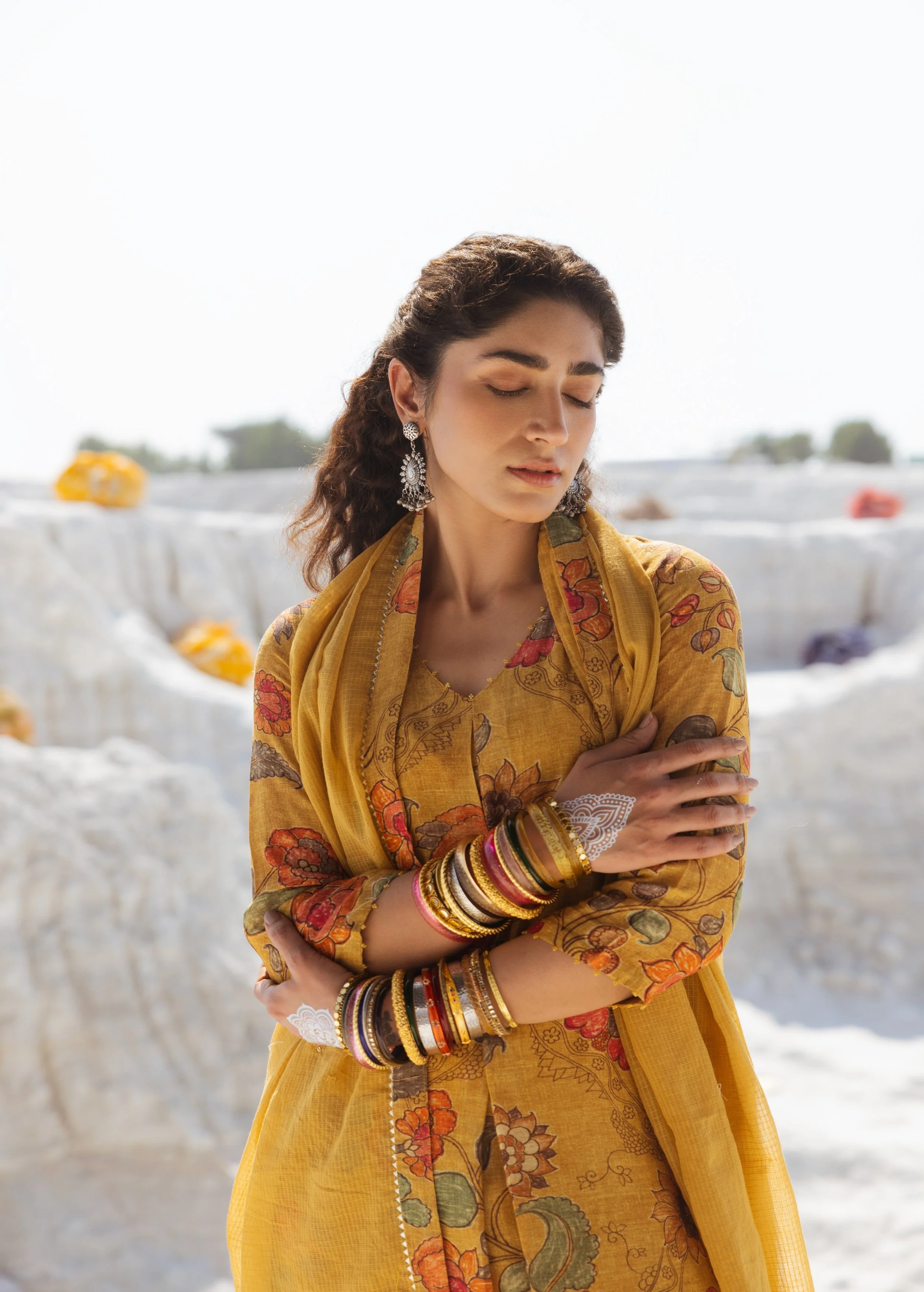 Mustard Yellow Printed Premium Linen Pant Set - Image 2