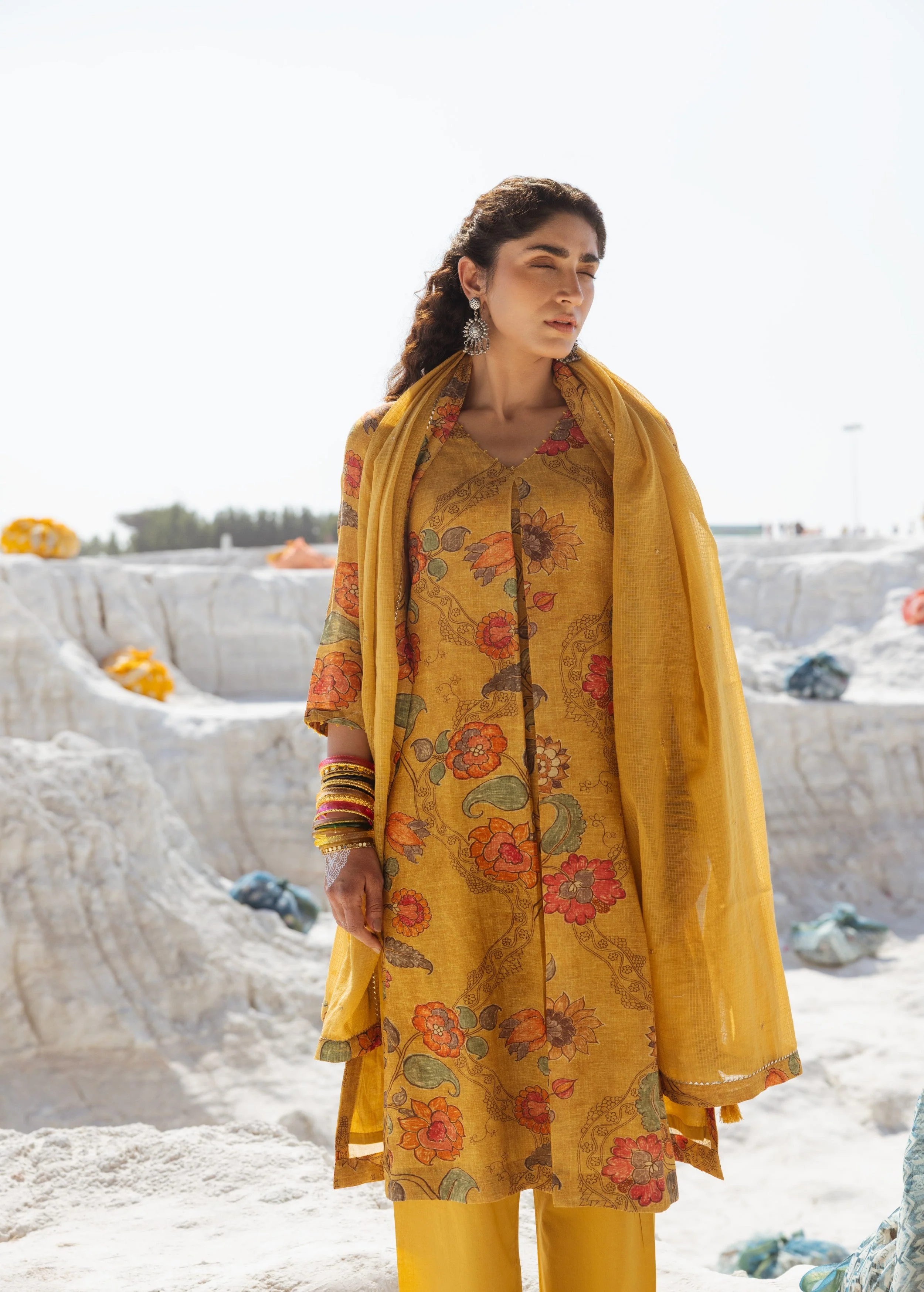 Mustard Yellow Printed Premium Linen Pant Set - Image 3