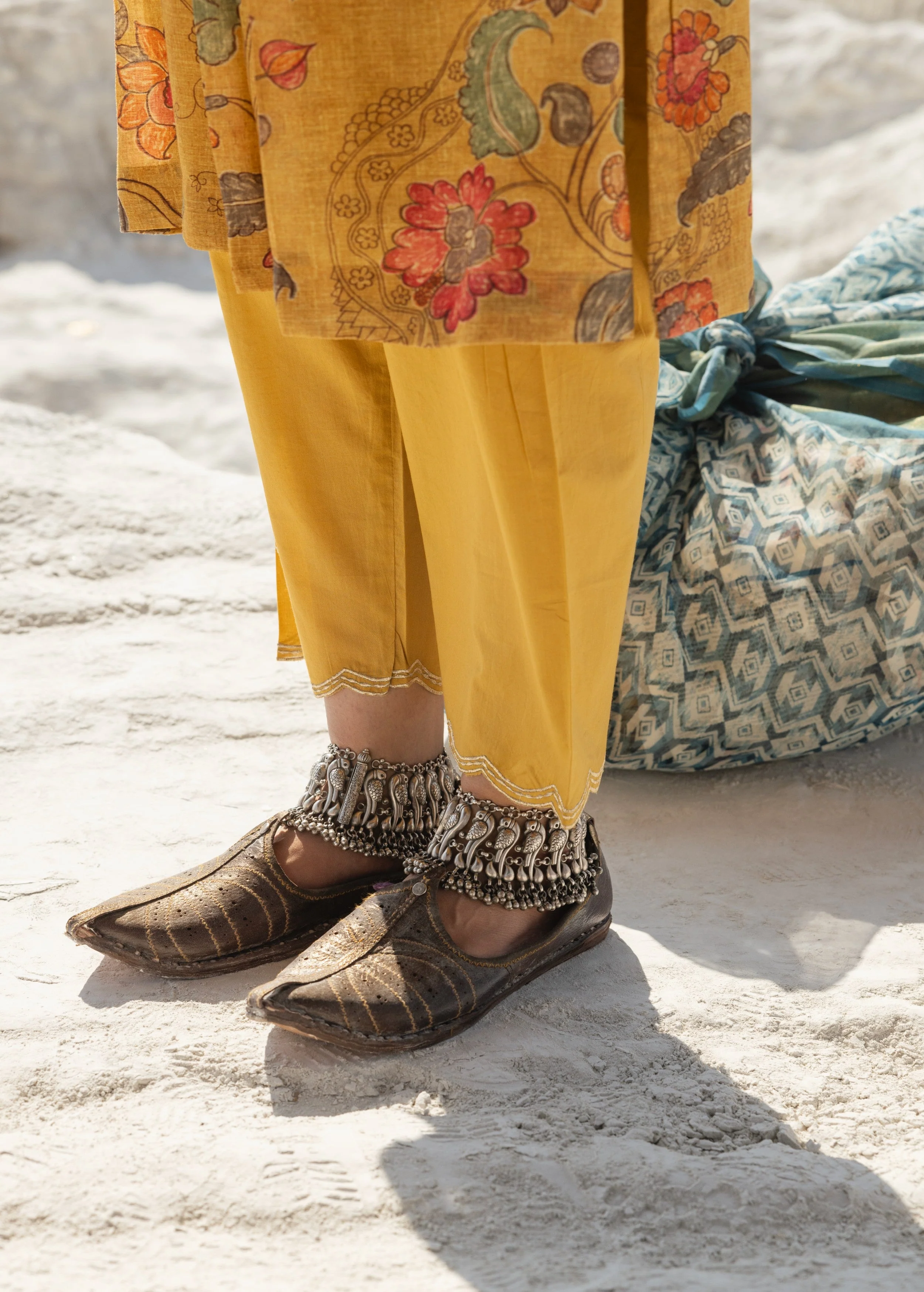 Mustard Yellow Printed Premium Linen Pant Set - Image 4