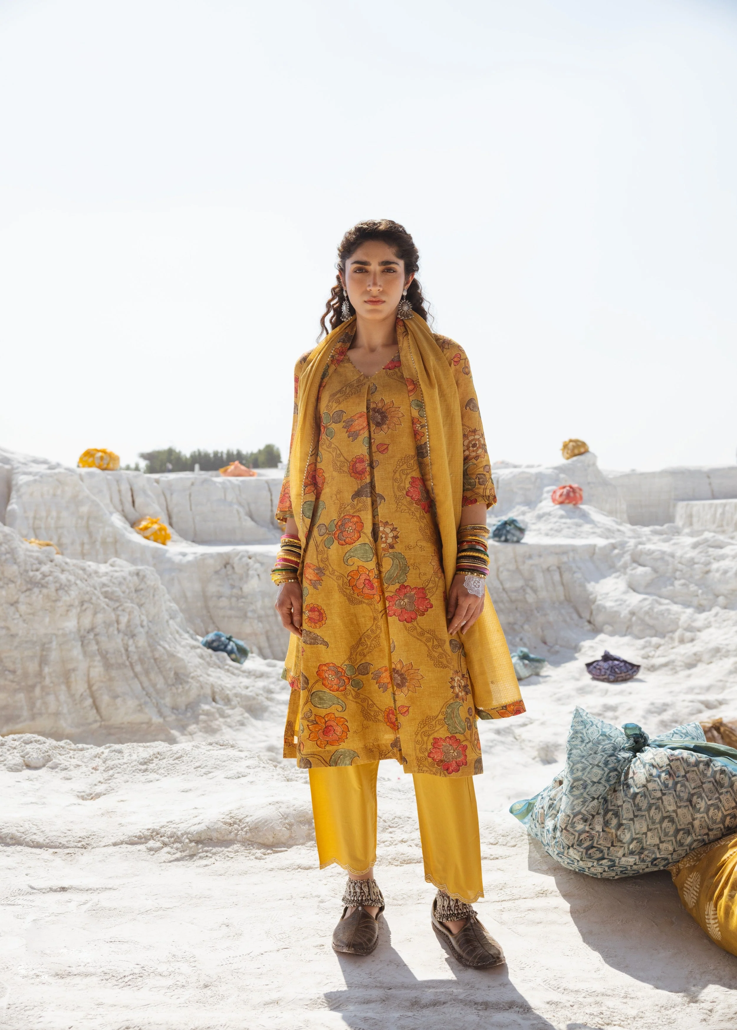 Mustard Yellow Printed Premium Linen Pant Set - Image 5