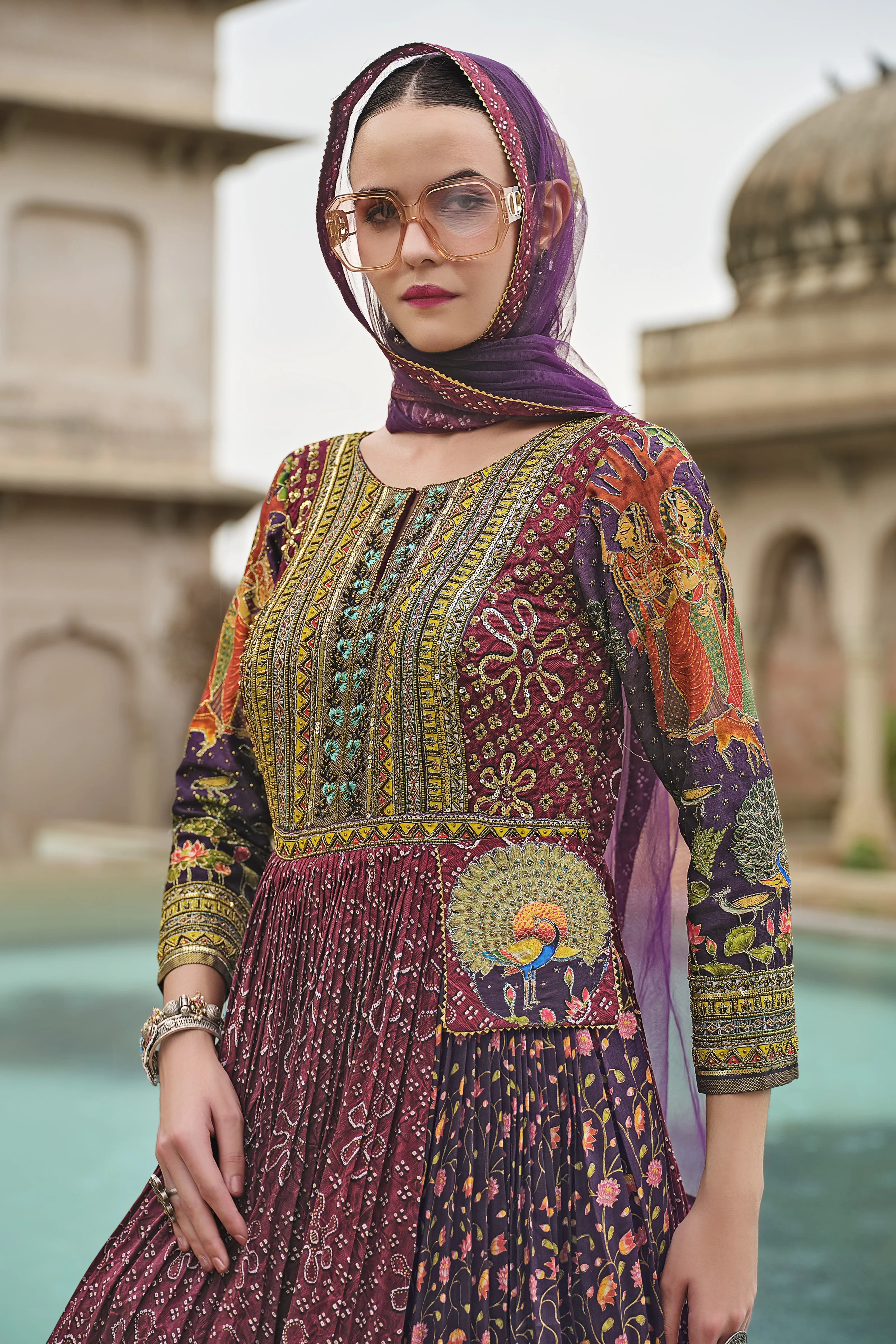 Purple Floral Printed Premium Silk Anarkali Set - Image 2