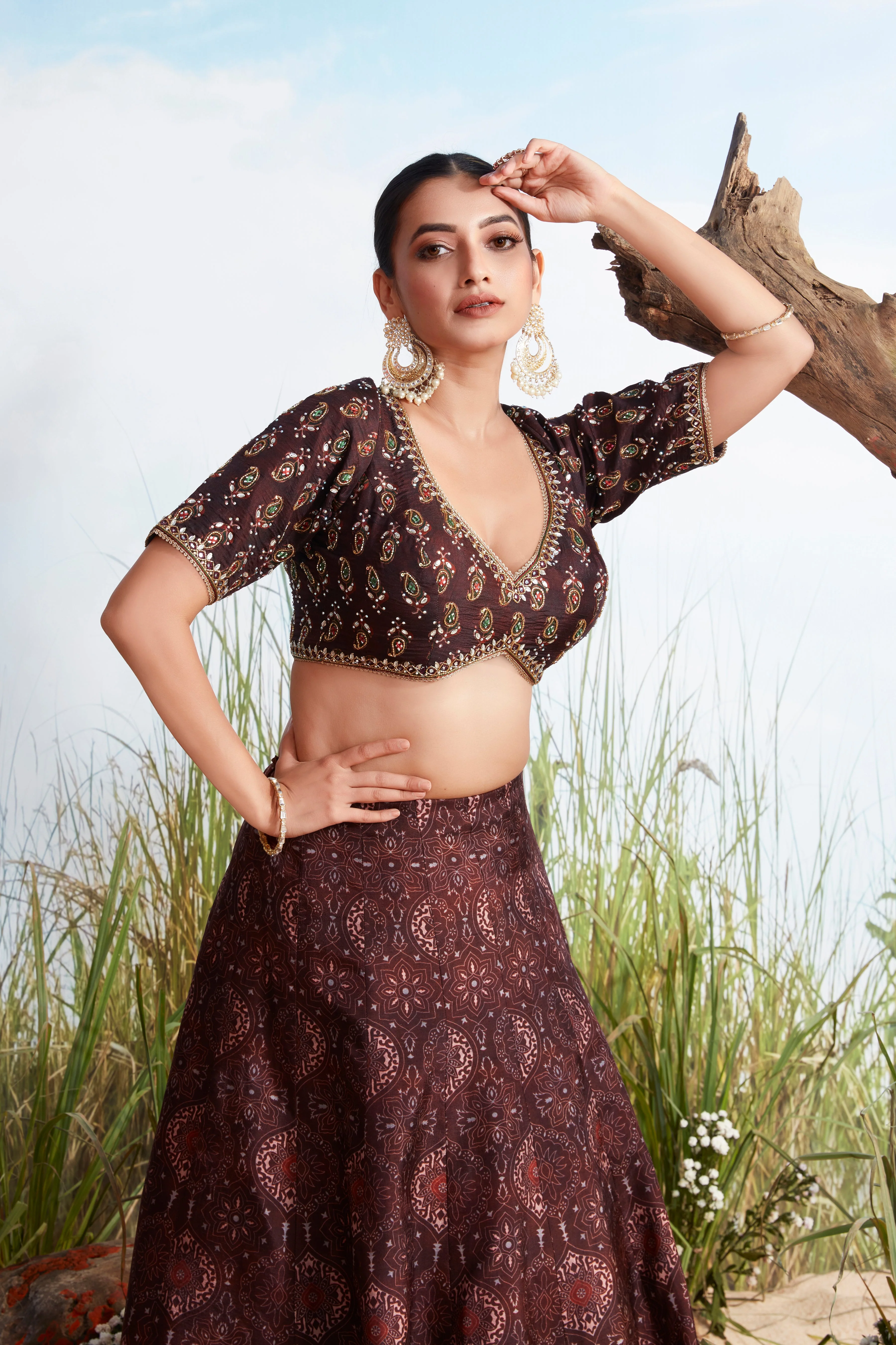 Maroon Brown Printed Raw Silk Lehenga Set - Image 2