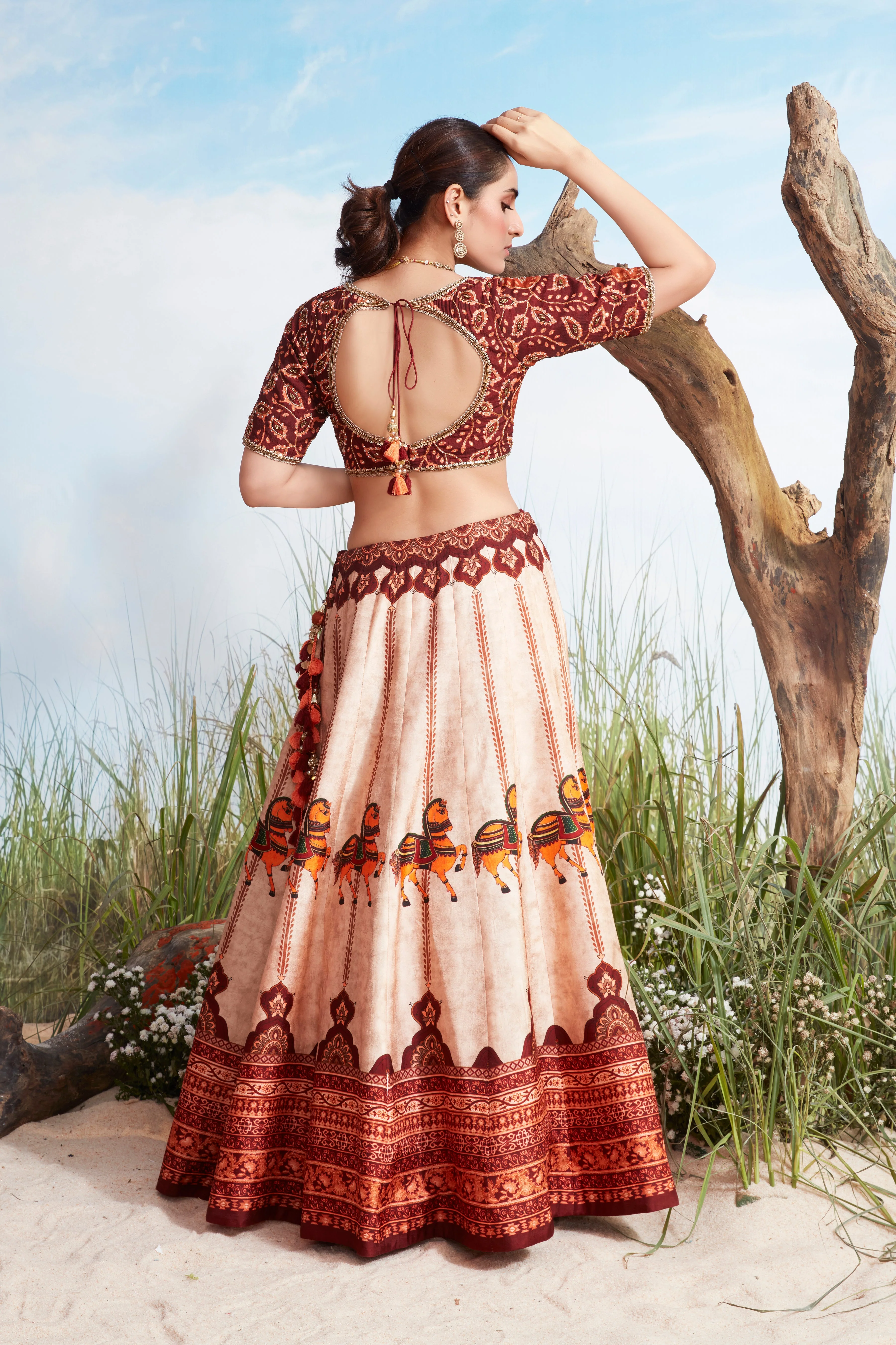 Crepe Pink Printed Raw Silk Lehenga Set - Image 3