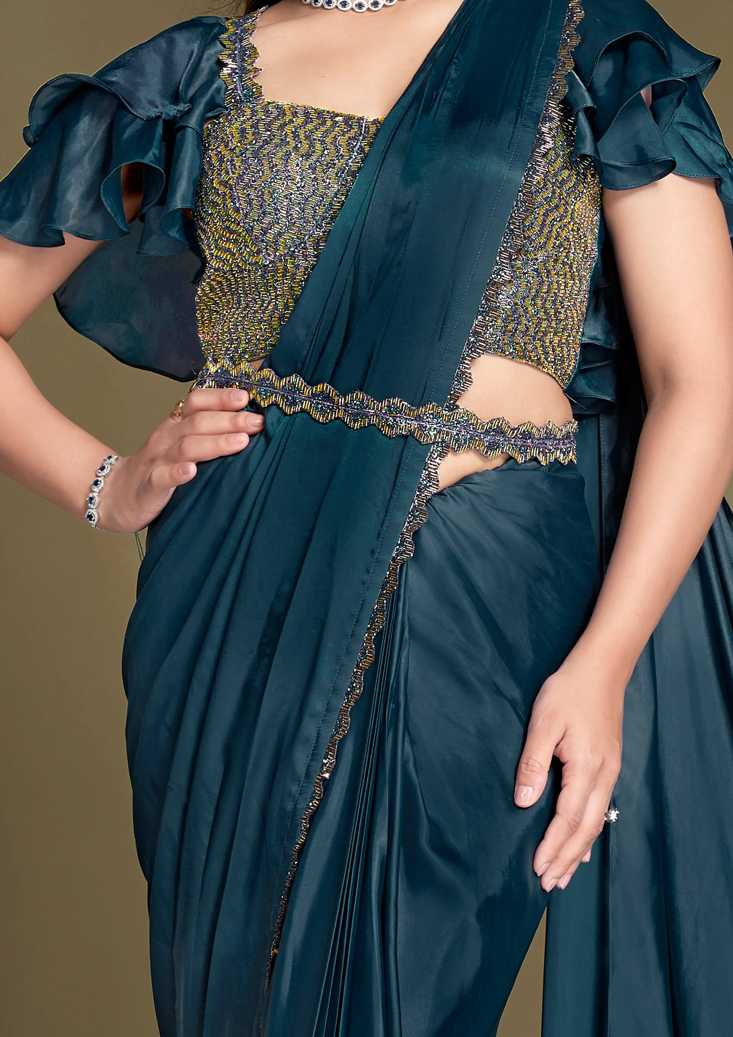 Dark Teal Embellished Crepe Satin Silk - Image 2