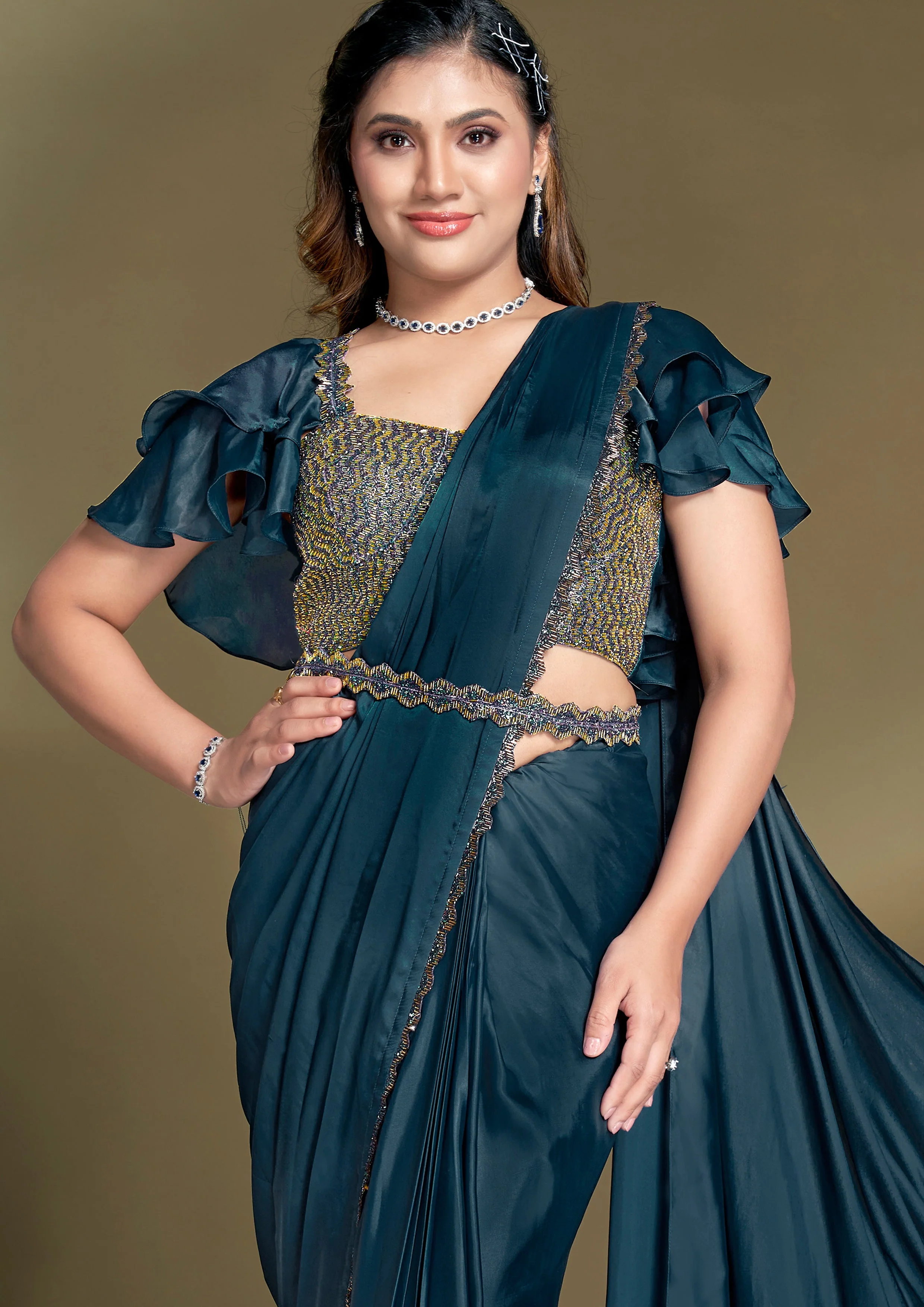 Dark Teal Embellished Crepe Satin Silk - Image 3