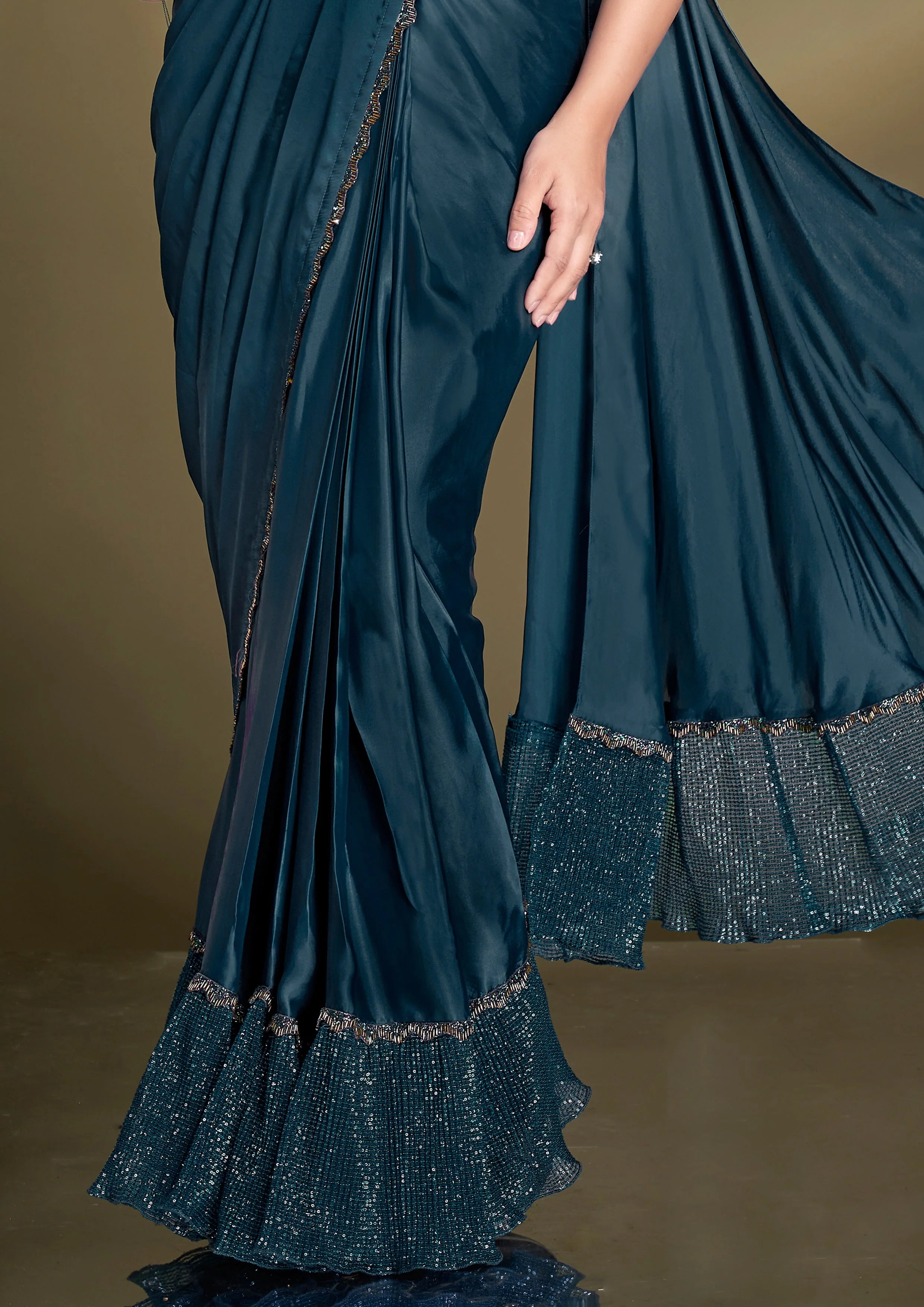 Dark Teal Embellished Crepe Satin Silk - Image 4
