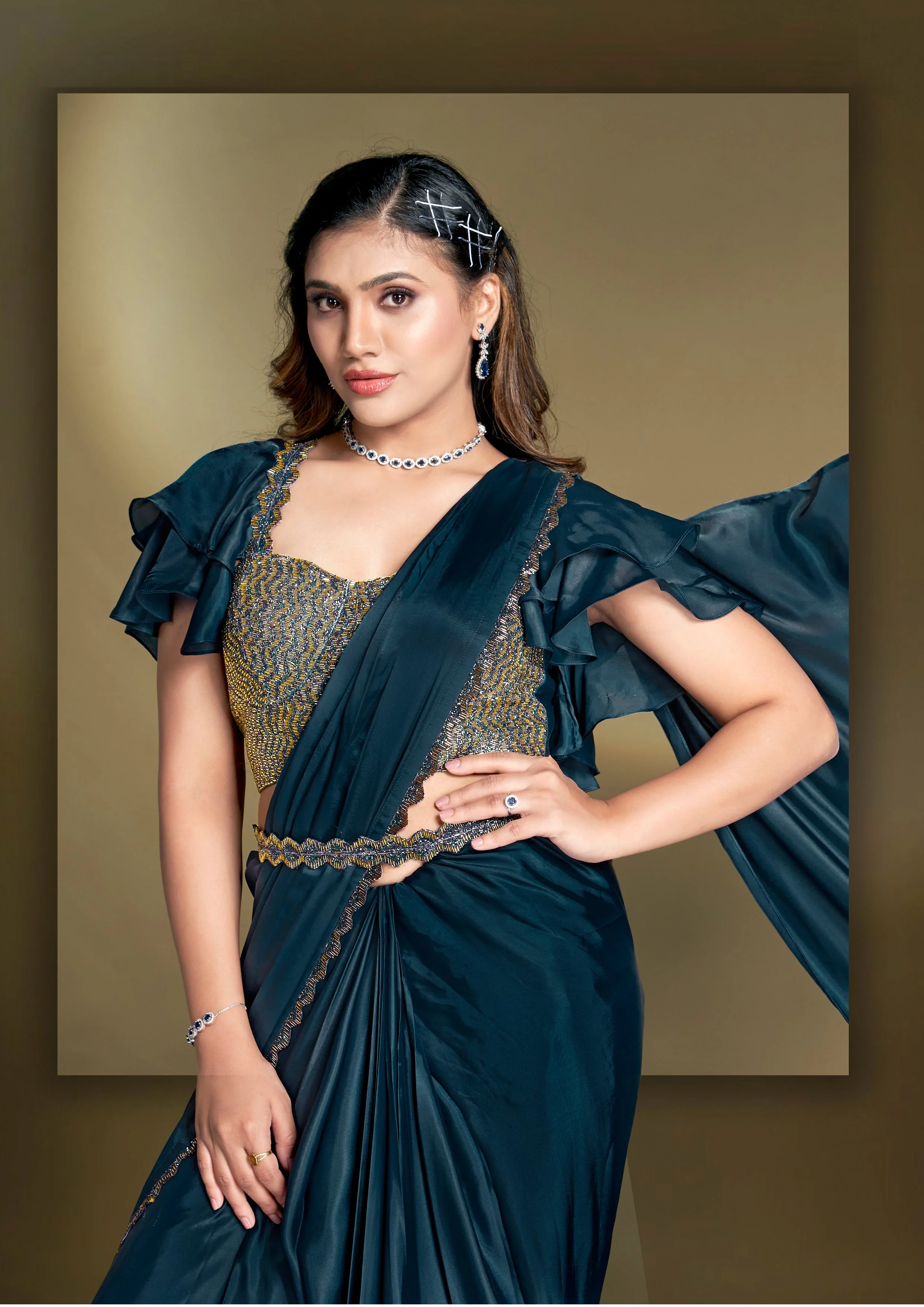 Dark Teal Embellished Crepe Satin Silk - Image 5