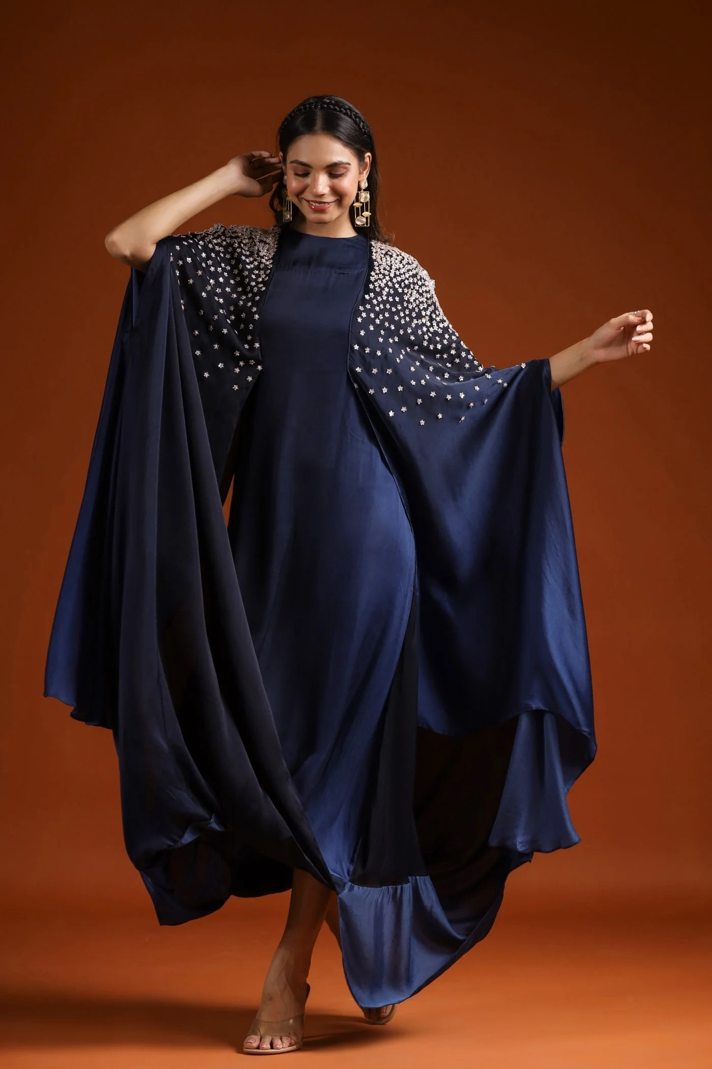 Navy Blue Embellished Draped Gown - Image 3