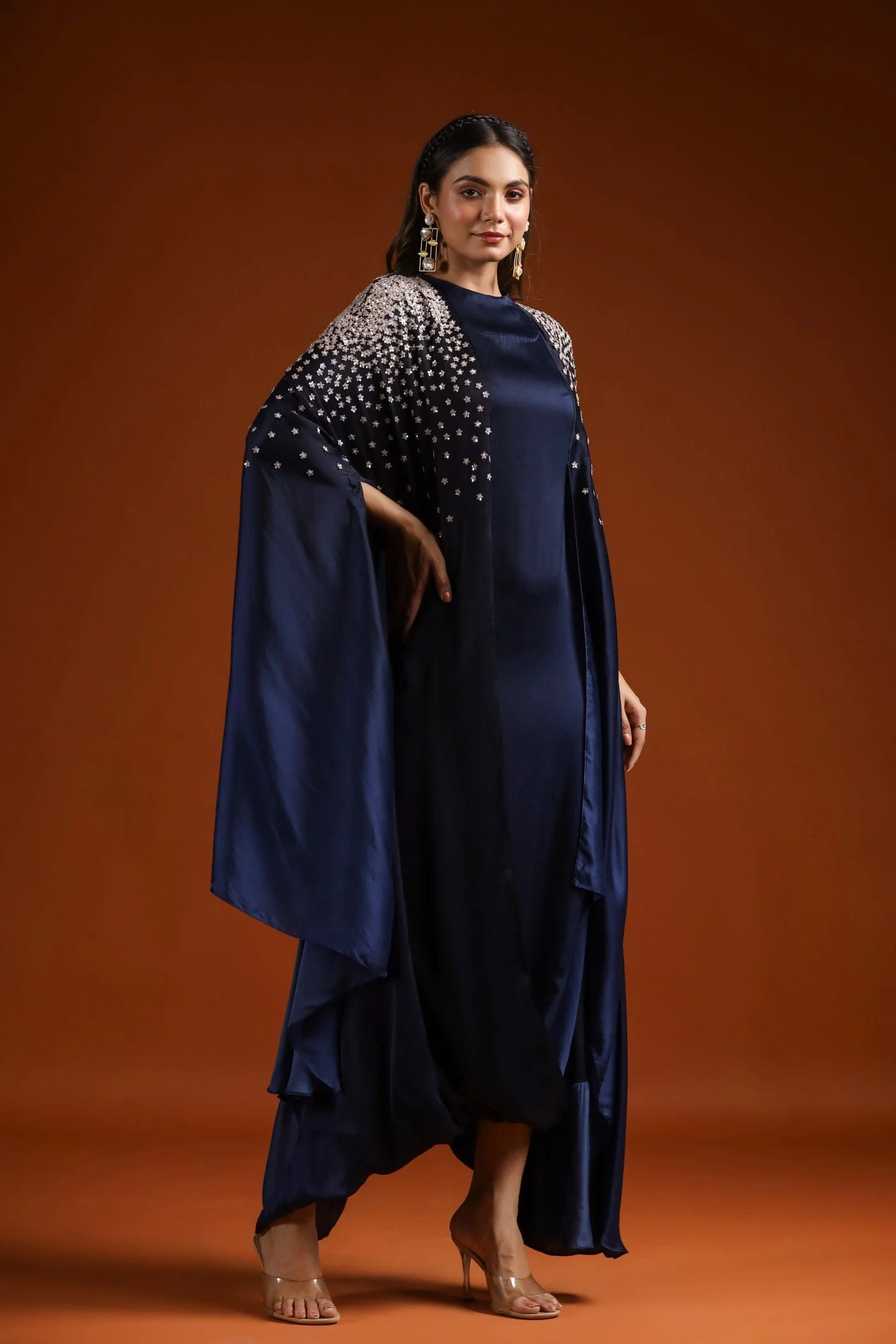 Navy Blue Embellished Draped Gown - Image 4