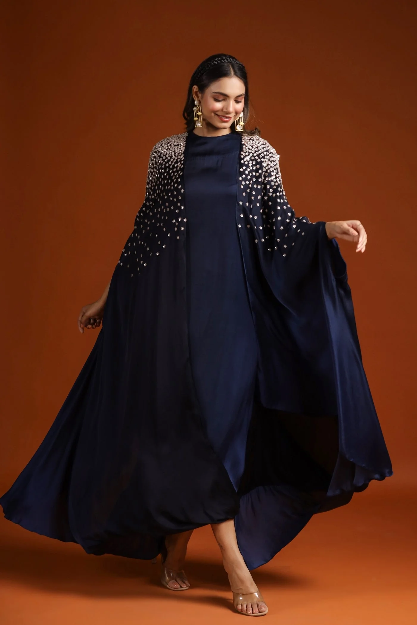 Navy Blue Embellished Draped Gown - Image 5