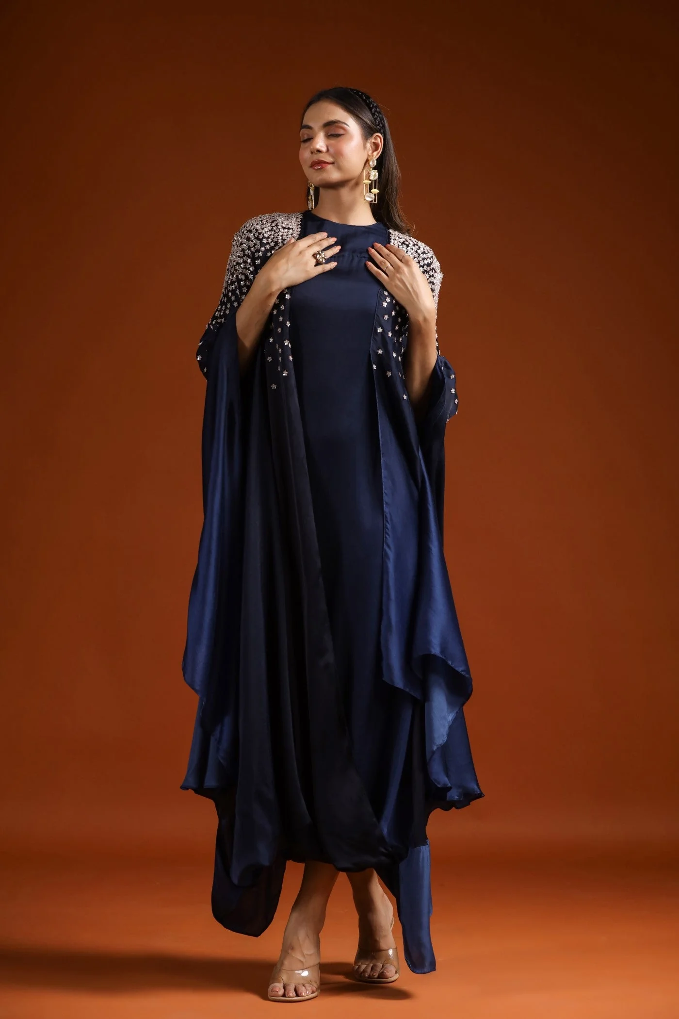 Navy Blue Embellished Draped Gown - Image 6