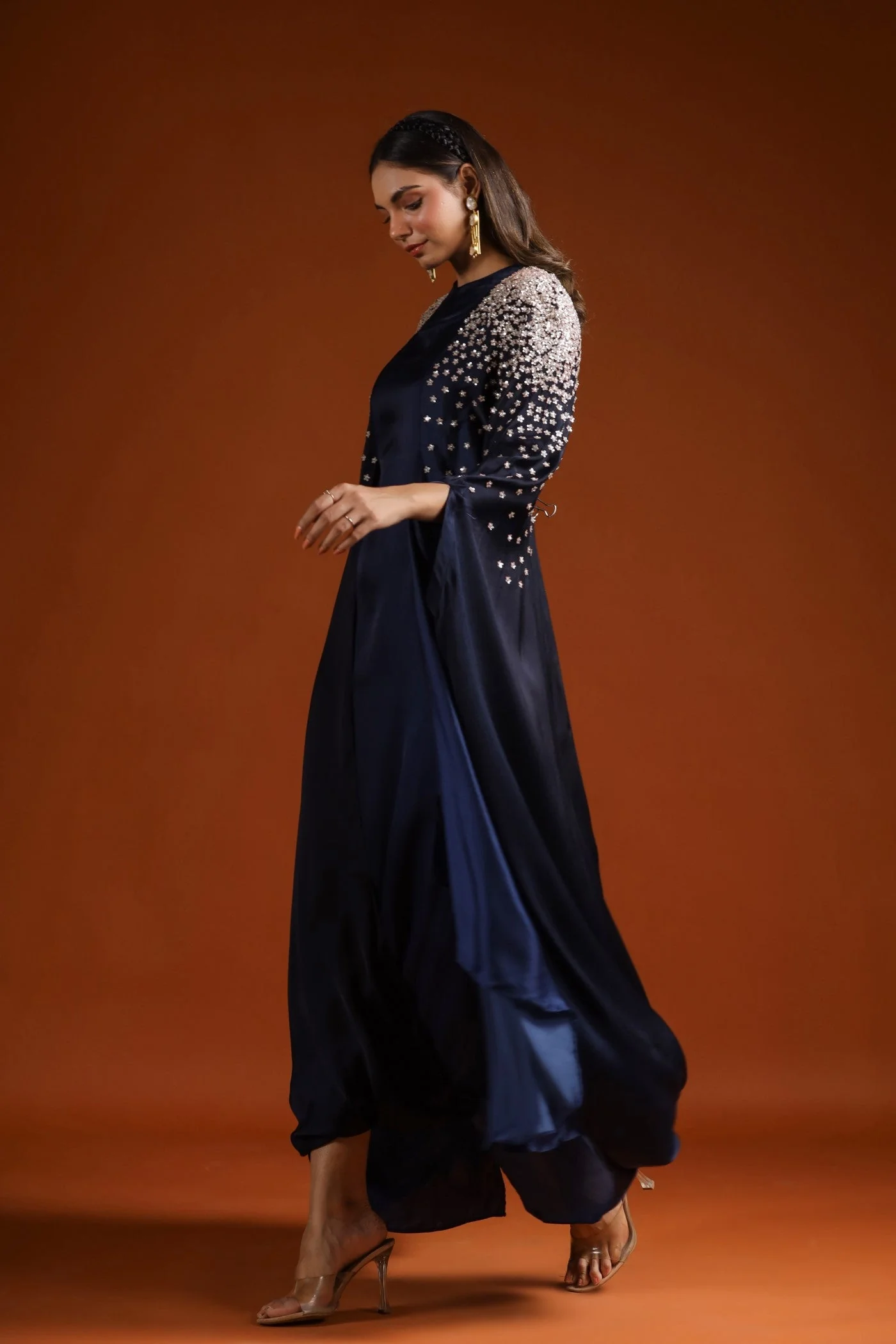 Navy Blue Embellished Draped Gown - Image 7
