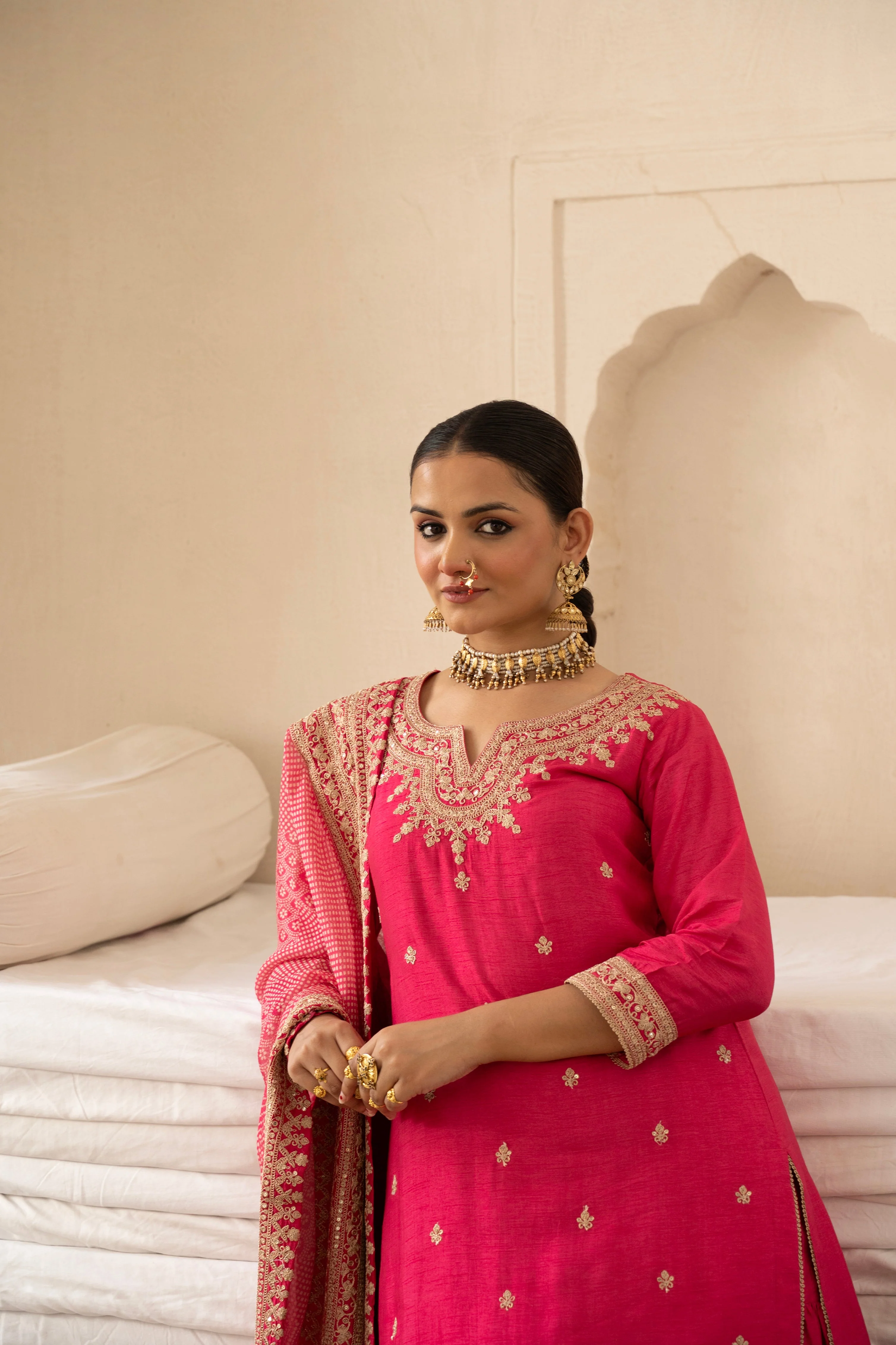 Pure Pink Embellished Dola Silk Sharara Set - Image 3