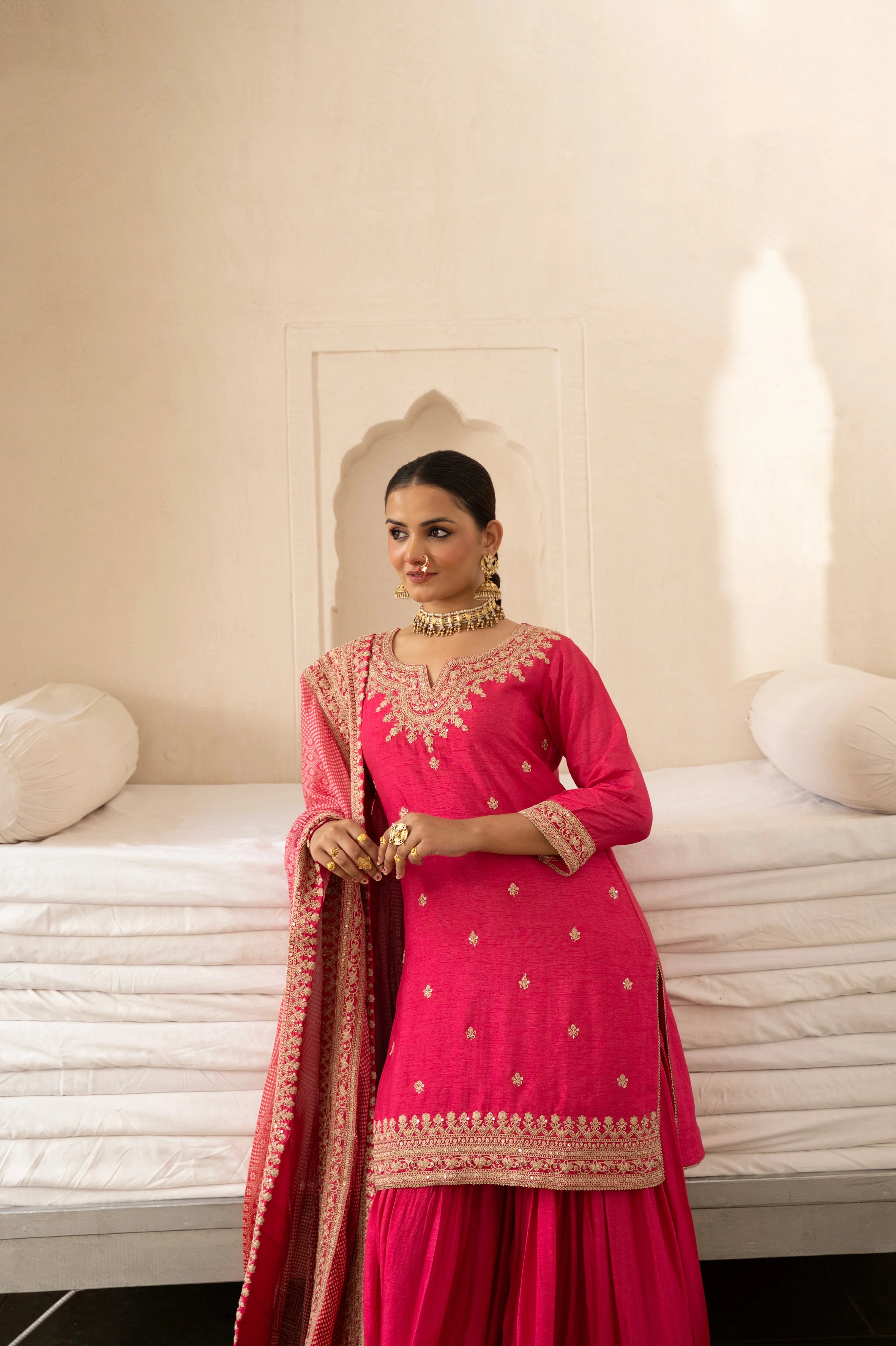 Pure Pink Embellished Dola Silk Sharara Set - Image 4