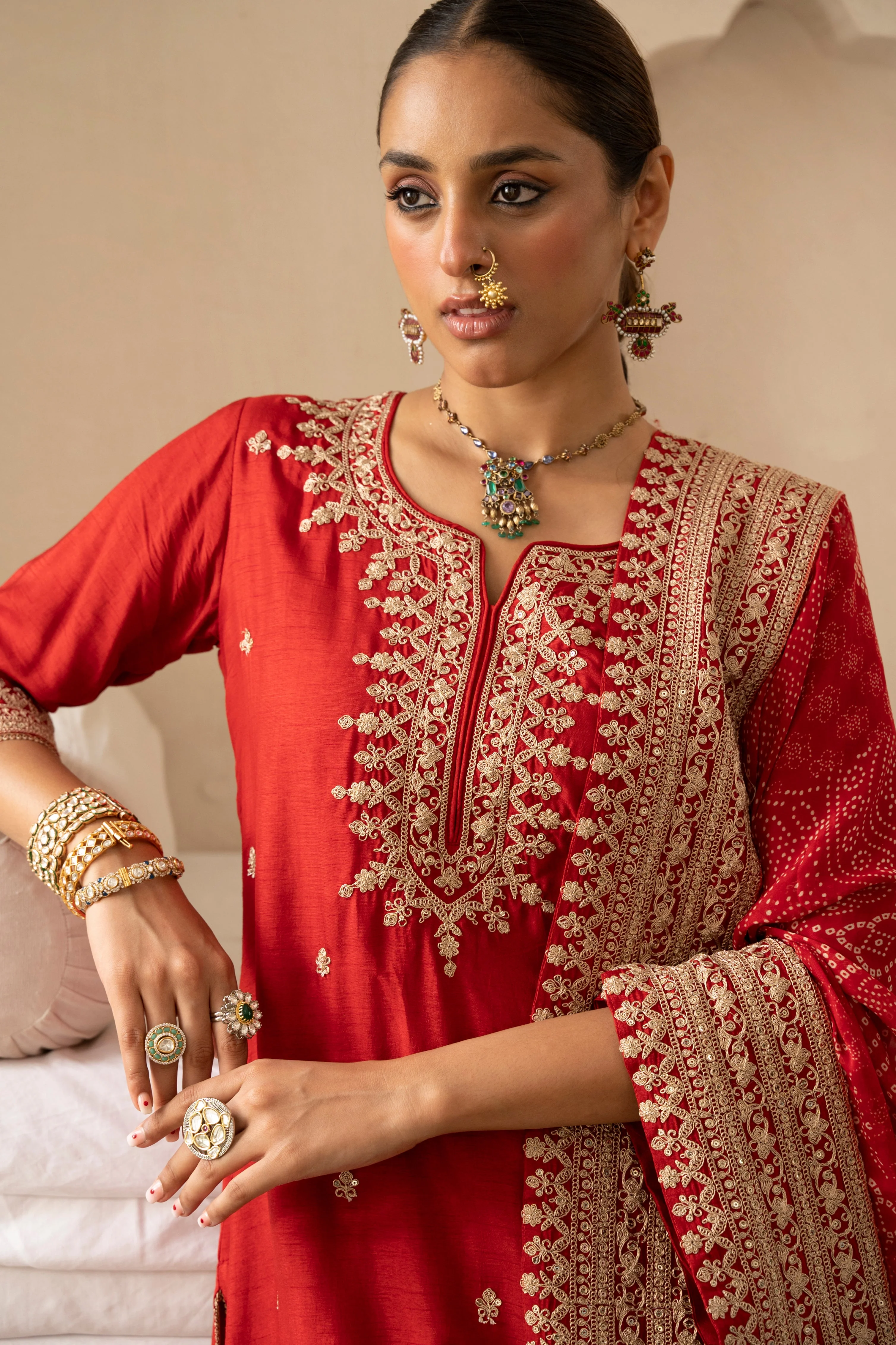 Pure Red Embellished Dola Silk Pant Set - Image 2