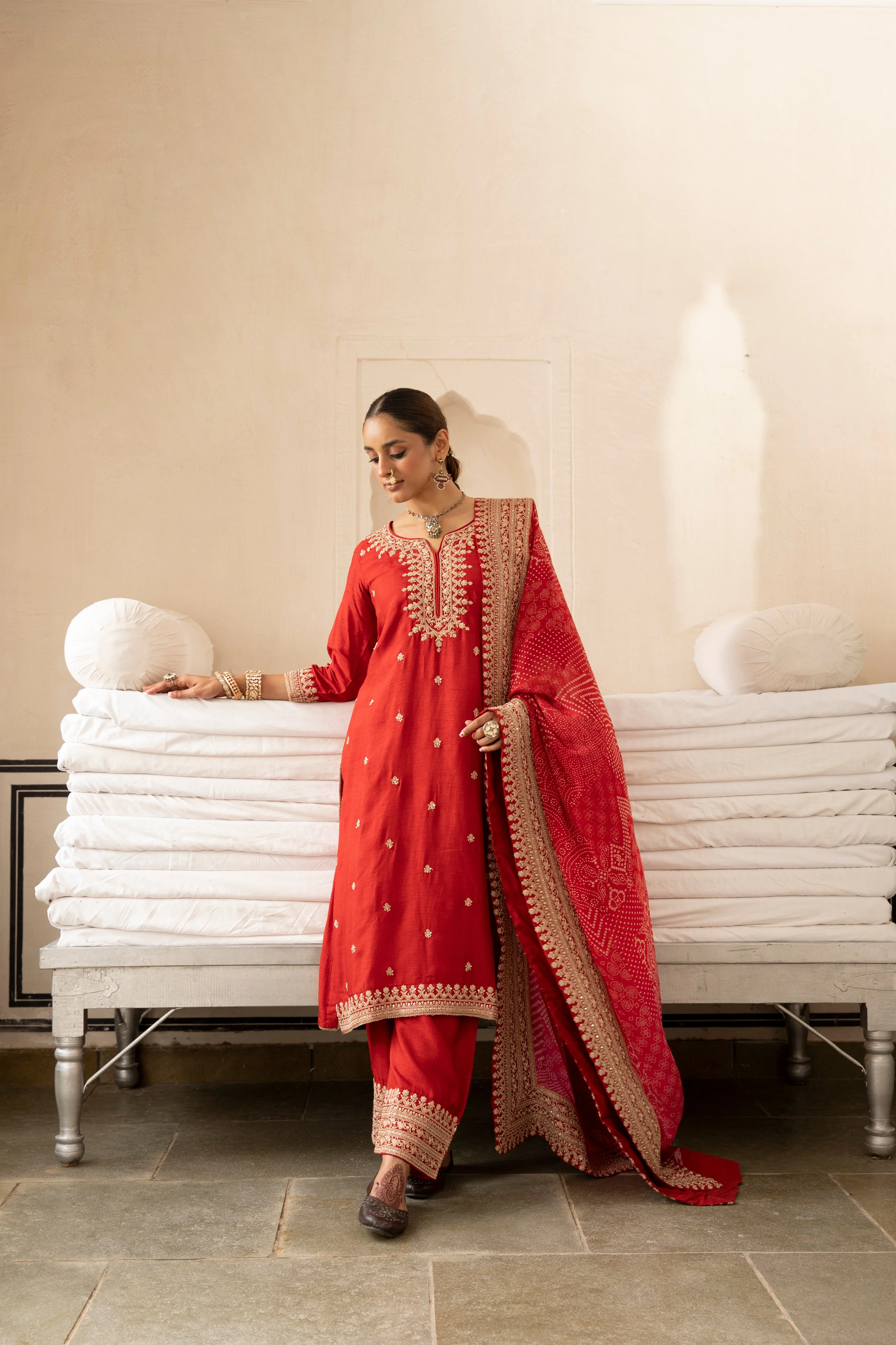 Pure Red Embellished Dola Silk Pant Set - Image 3
