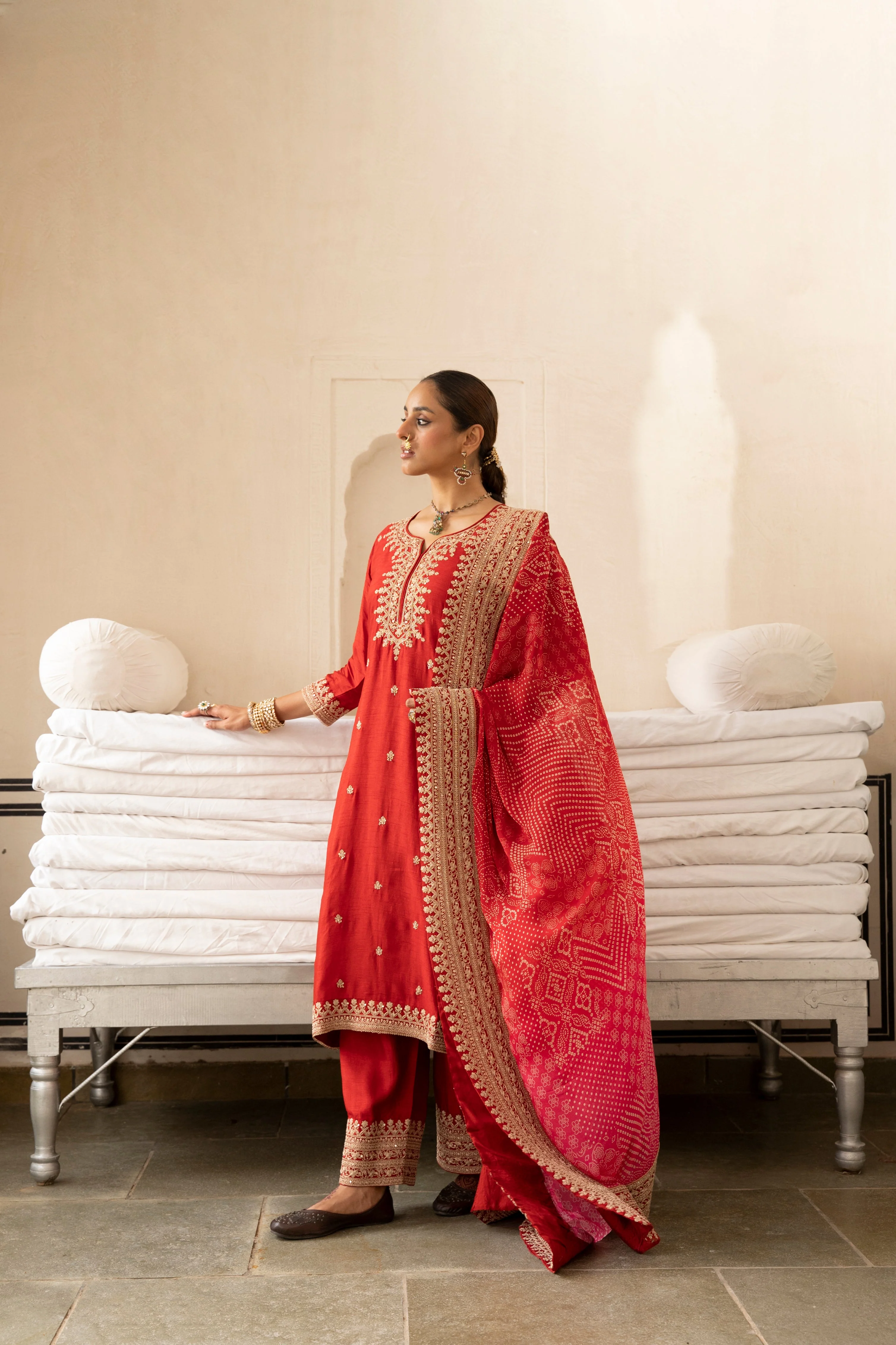 Pure Red Embellished Dola Silk Pant Set - Image 4