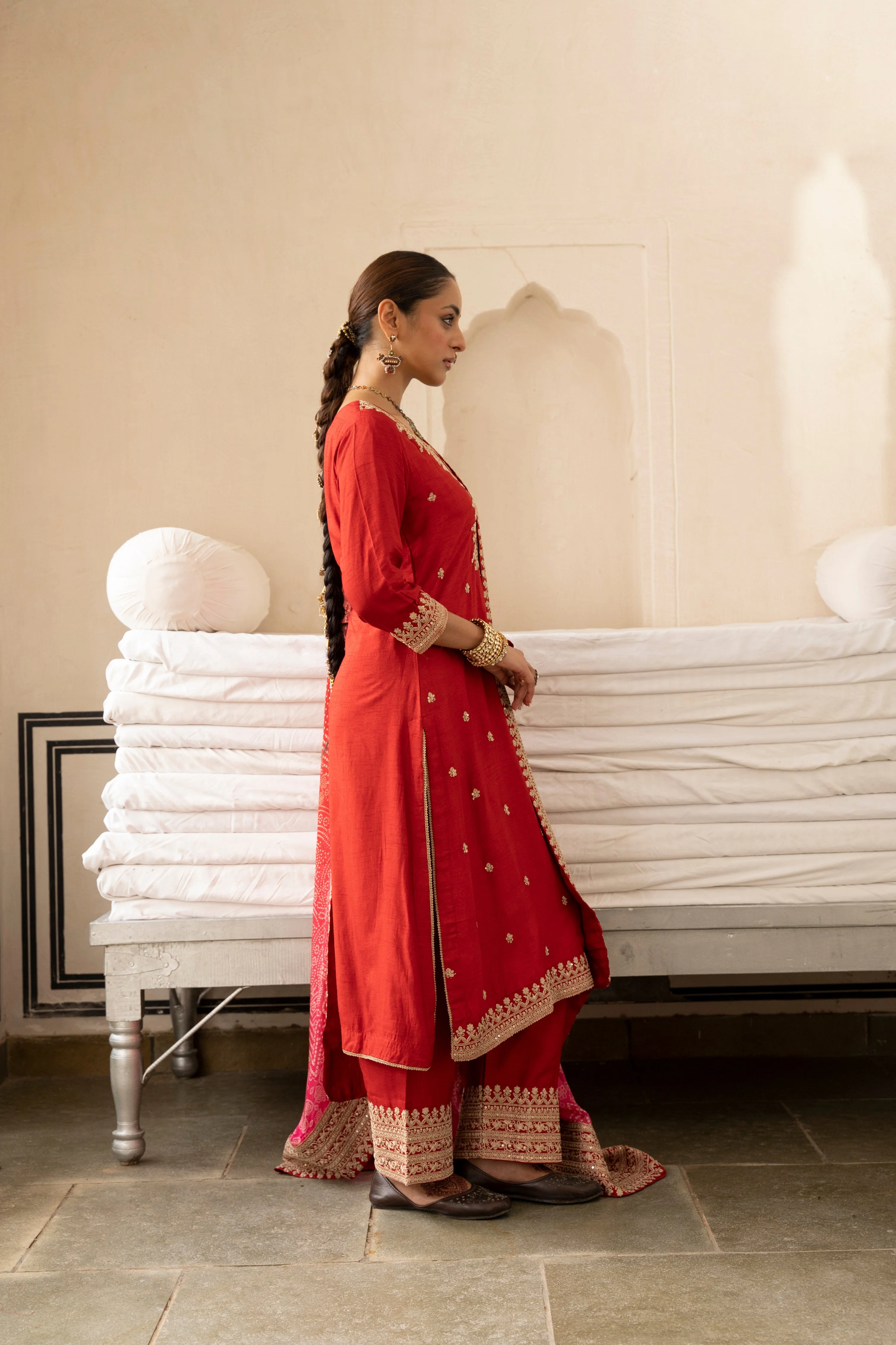 Pure Red Embellished Dola Silk Pant Set - Image 5