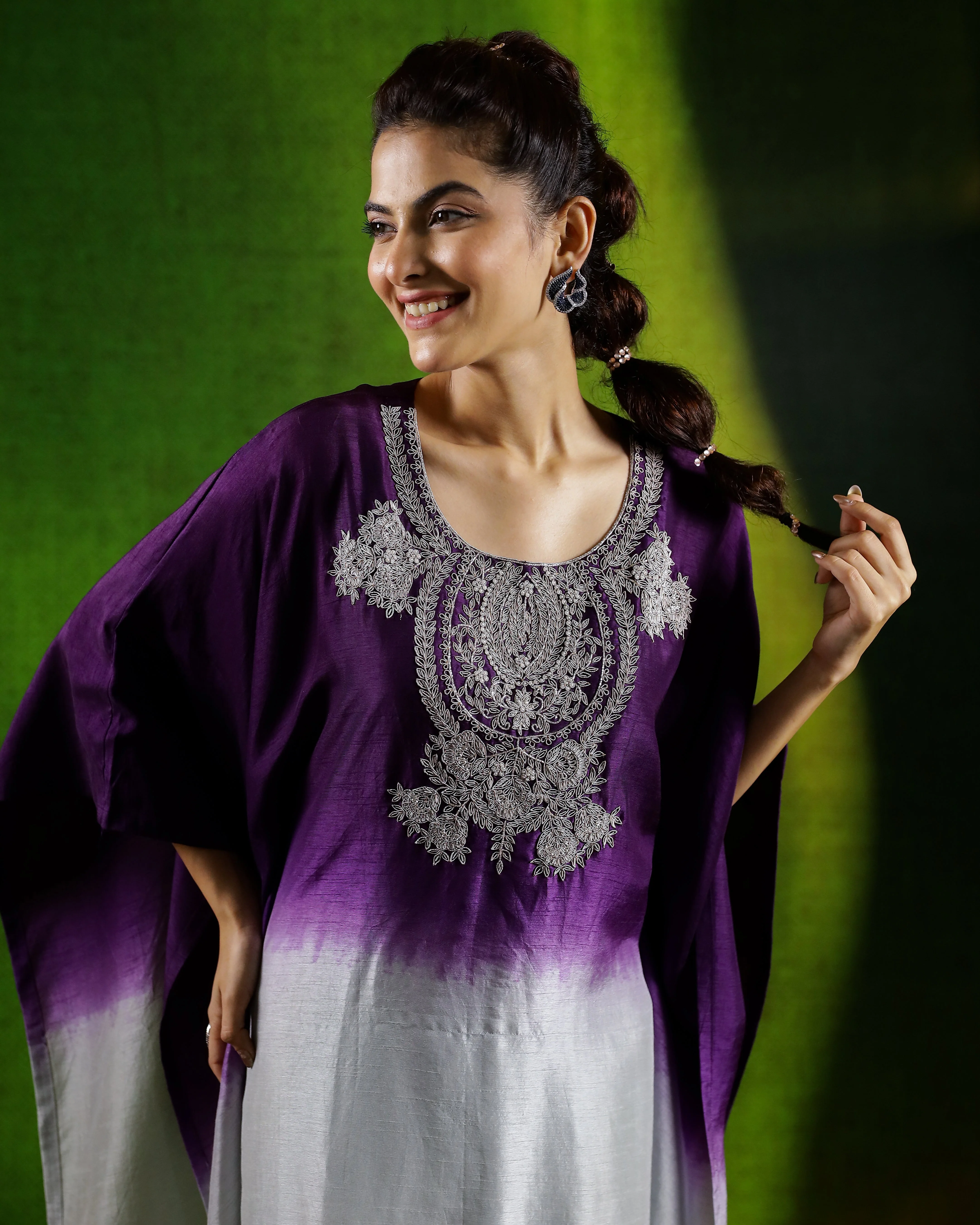 Purple Embellished Raw Silk Kaftan Set - Image 2