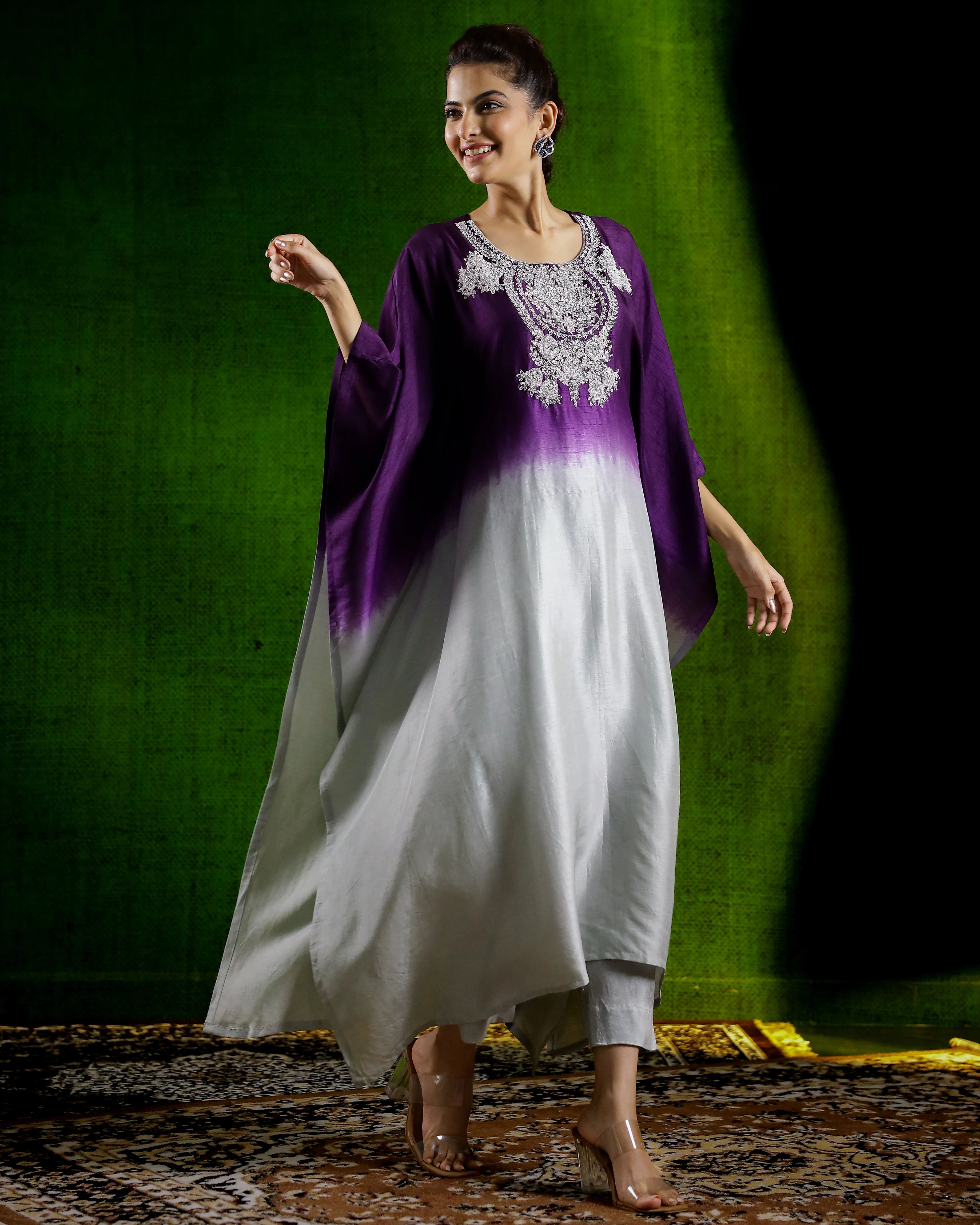 Purple Embellished Raw Silk Kaftan Set - Image 3