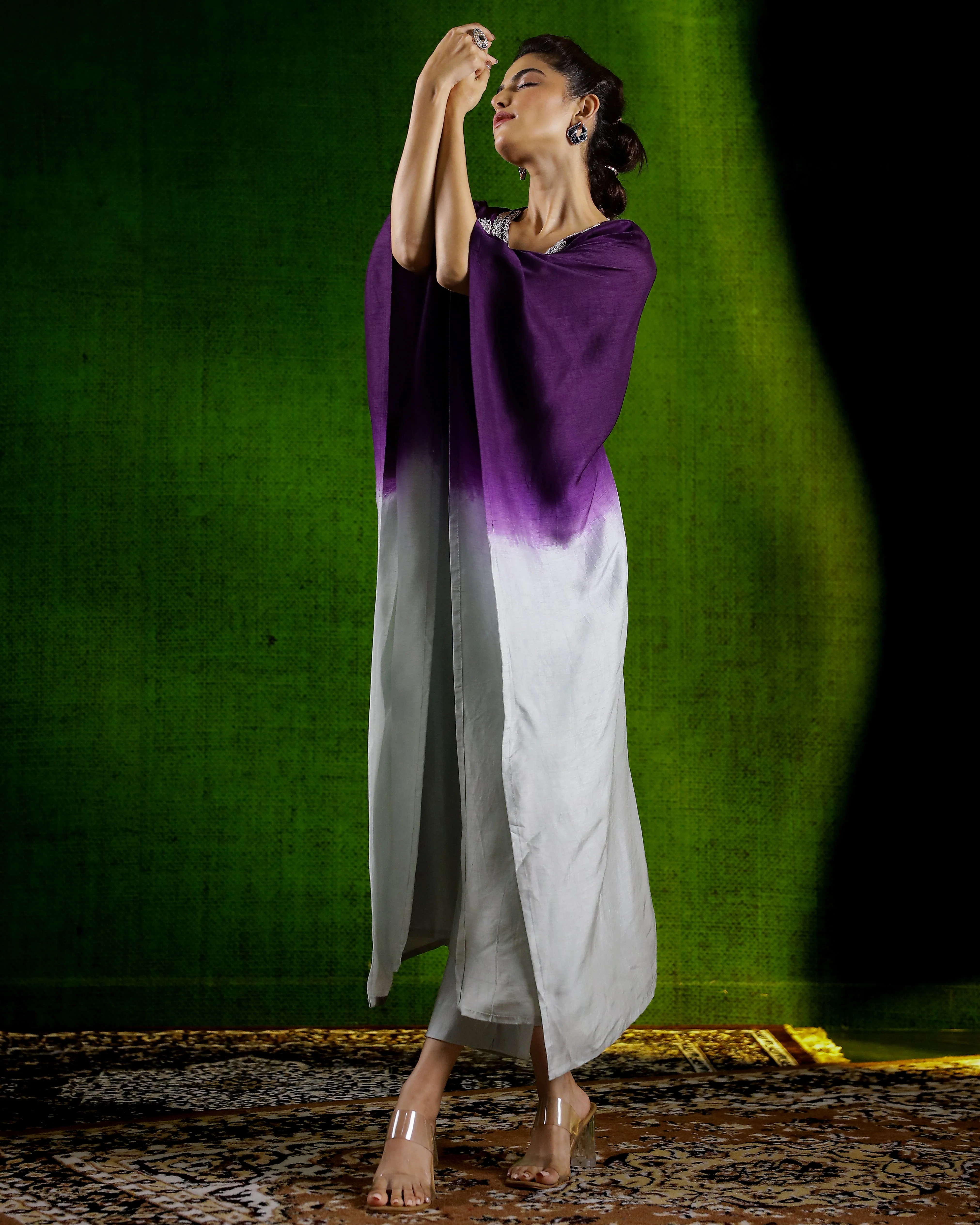 Purple Embellished Raw Silk Kaftan Set - Image 4