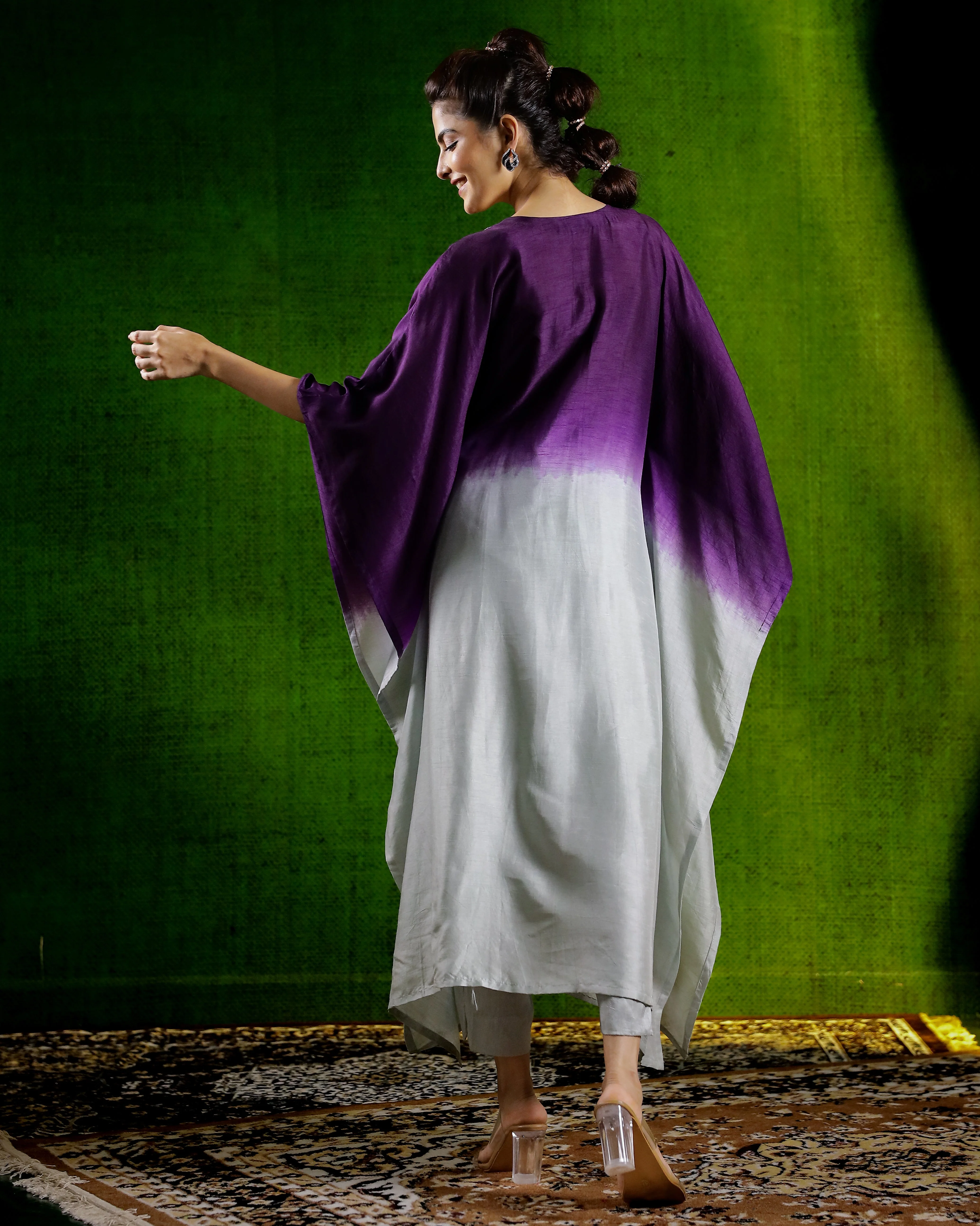 Purple Embellished Raw Silk Kaftan Set - Image 5