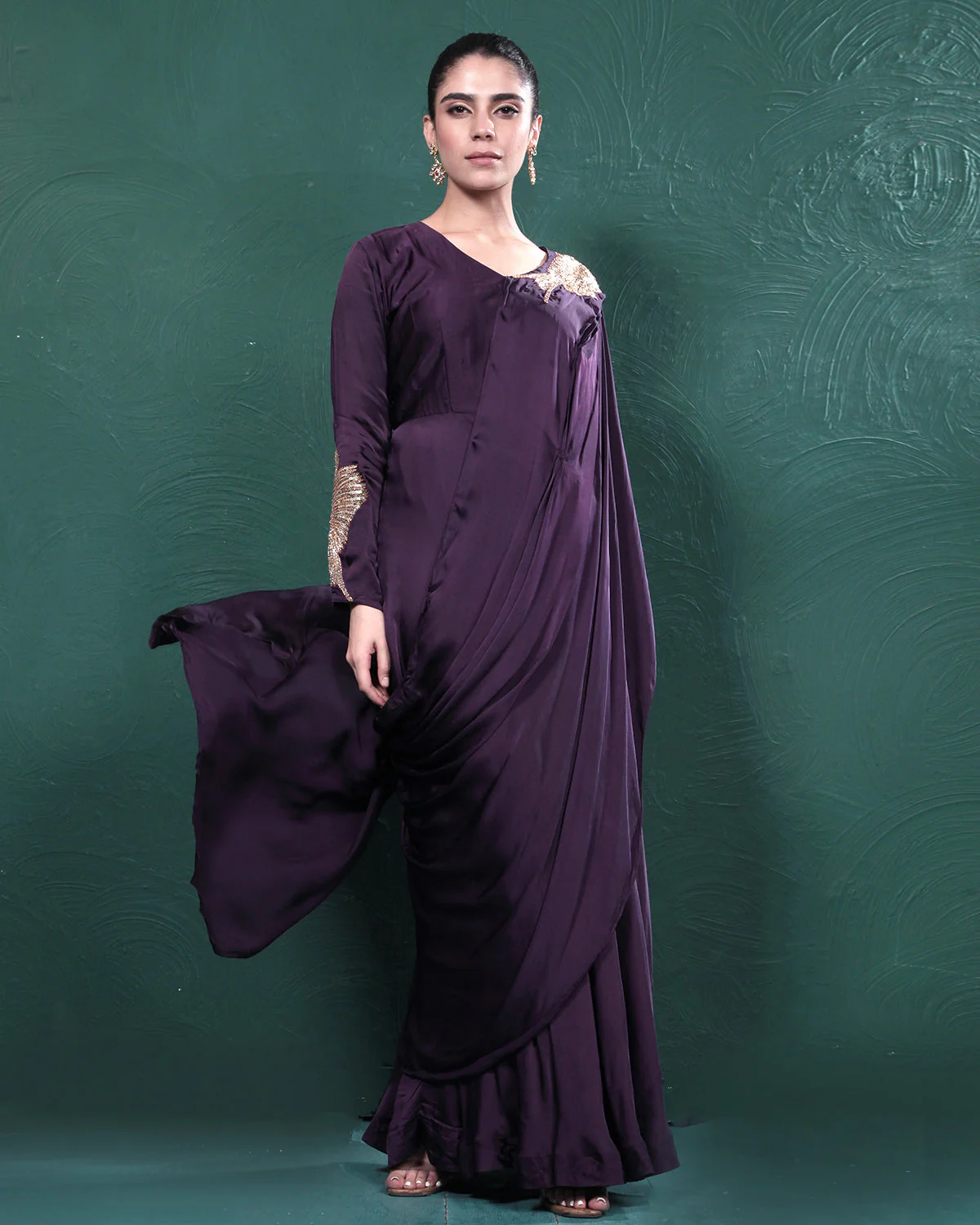 Purple Passion Golden Bird Pre-Draped Saree - Image 3