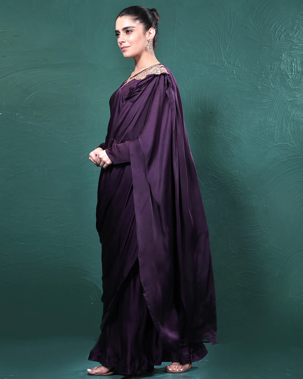 Purple Passion Golden Bird Pre-Draped Saree - Image 4