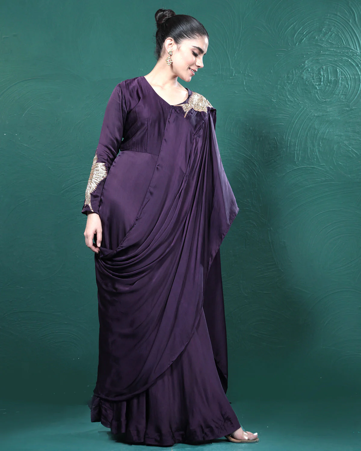 Purple Passion Golden Bird Pre-Draped Saree - Image 5