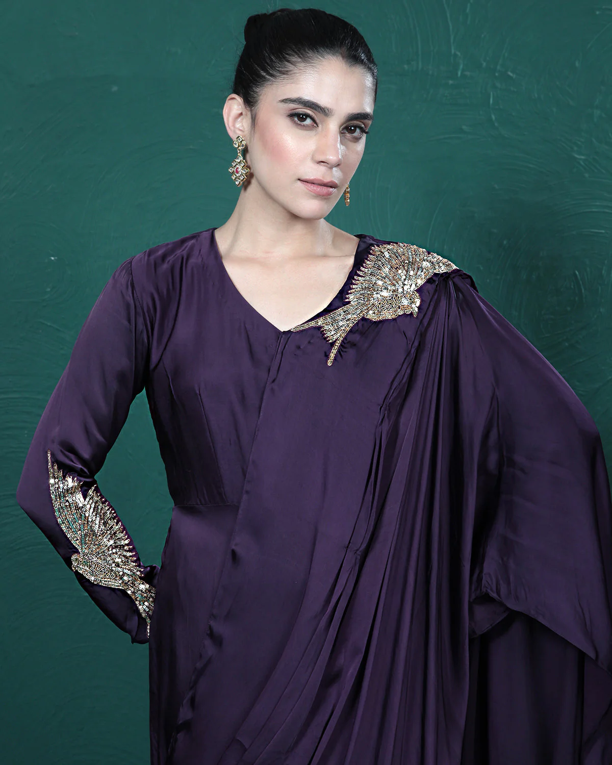 Purple Passion Golden Bird Pre-Draped Saree - Image 6
