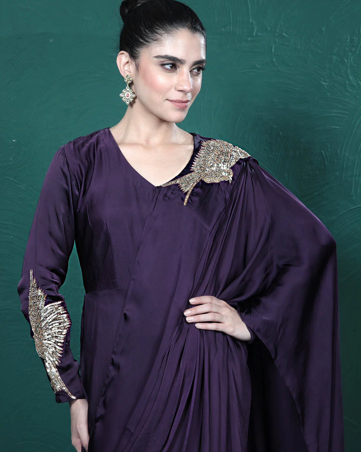 Purple Passion Golden Bird Pre-Draped Saree - Image 7