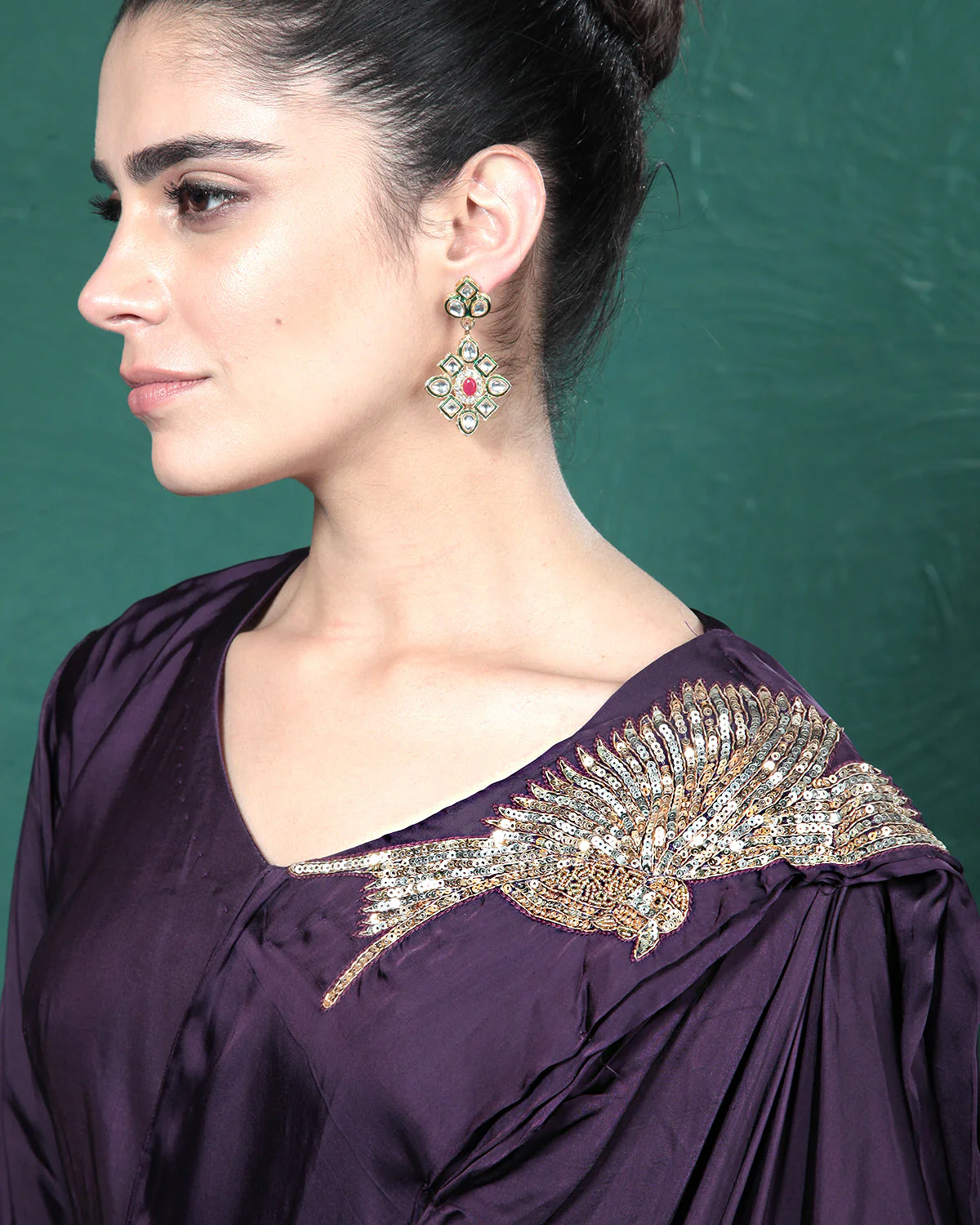 Purple Passion Golden Bird Pre-Draped Saree - Image 8