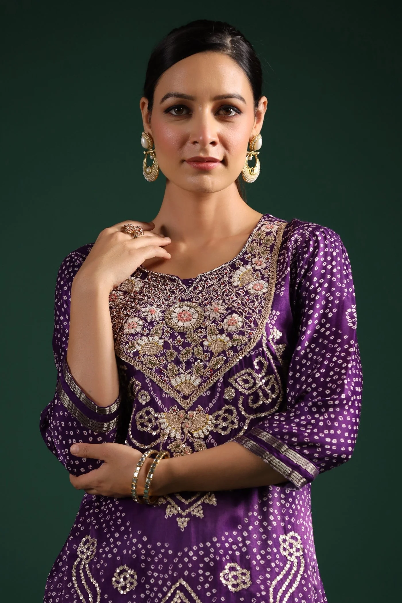 Purple Bandhani Embroidered Kurta Set - Image 2
