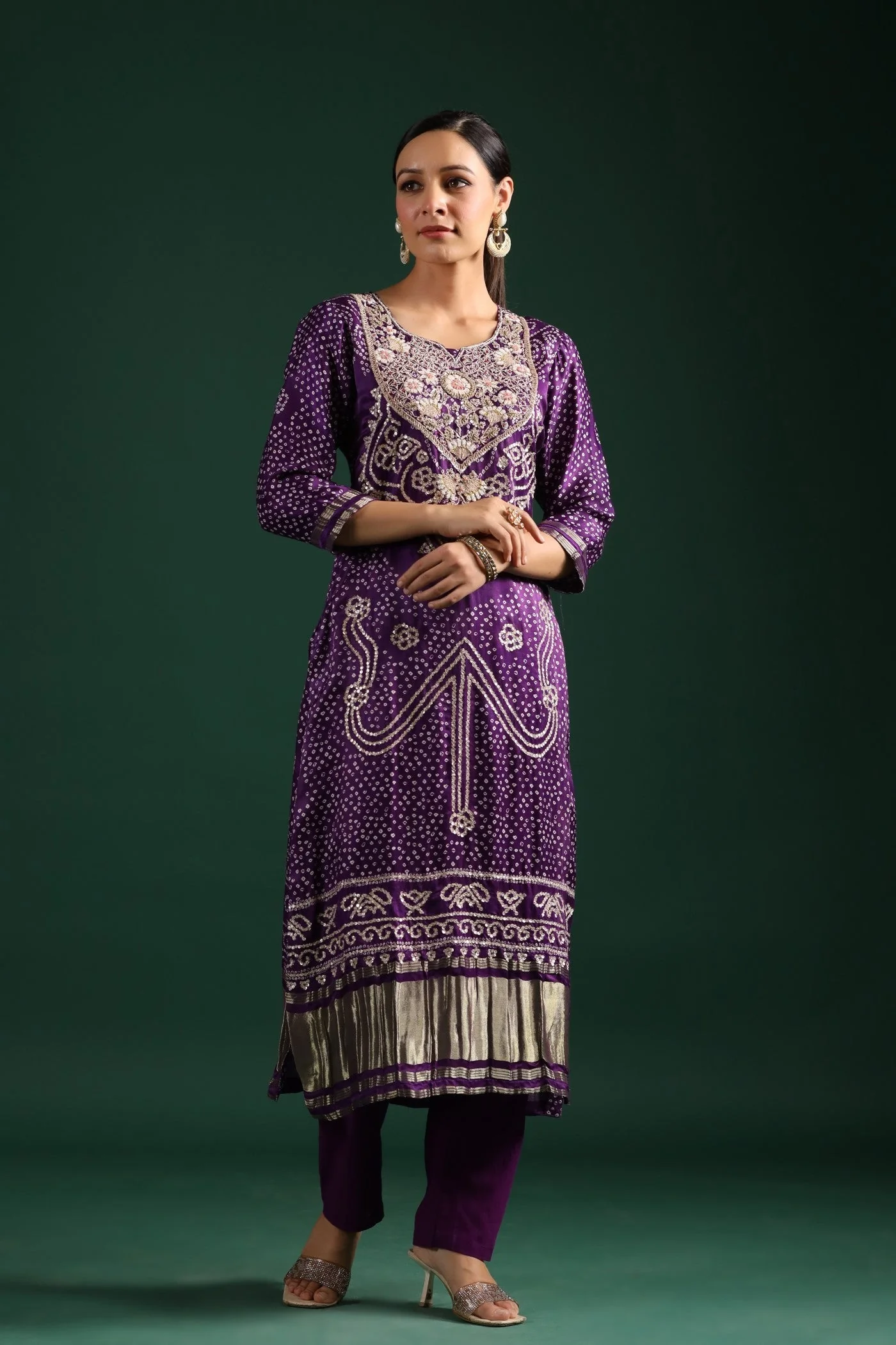 Purple Bandhani Embroidered Kurta Set - Image 3