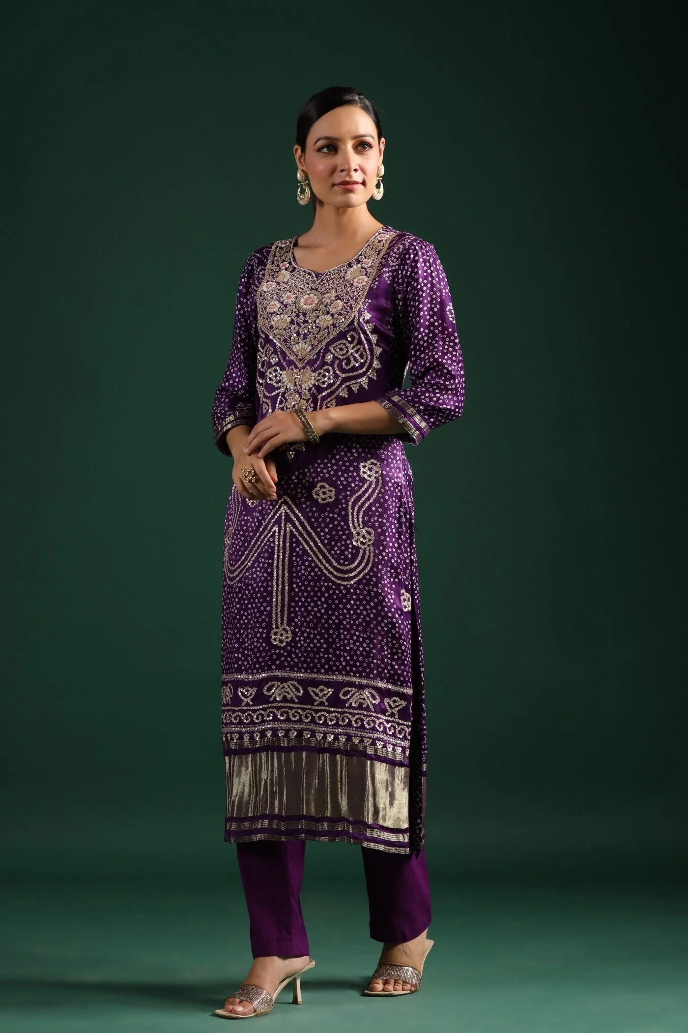 Purple Bandhani Embroidered Kurta Set - Image 4
