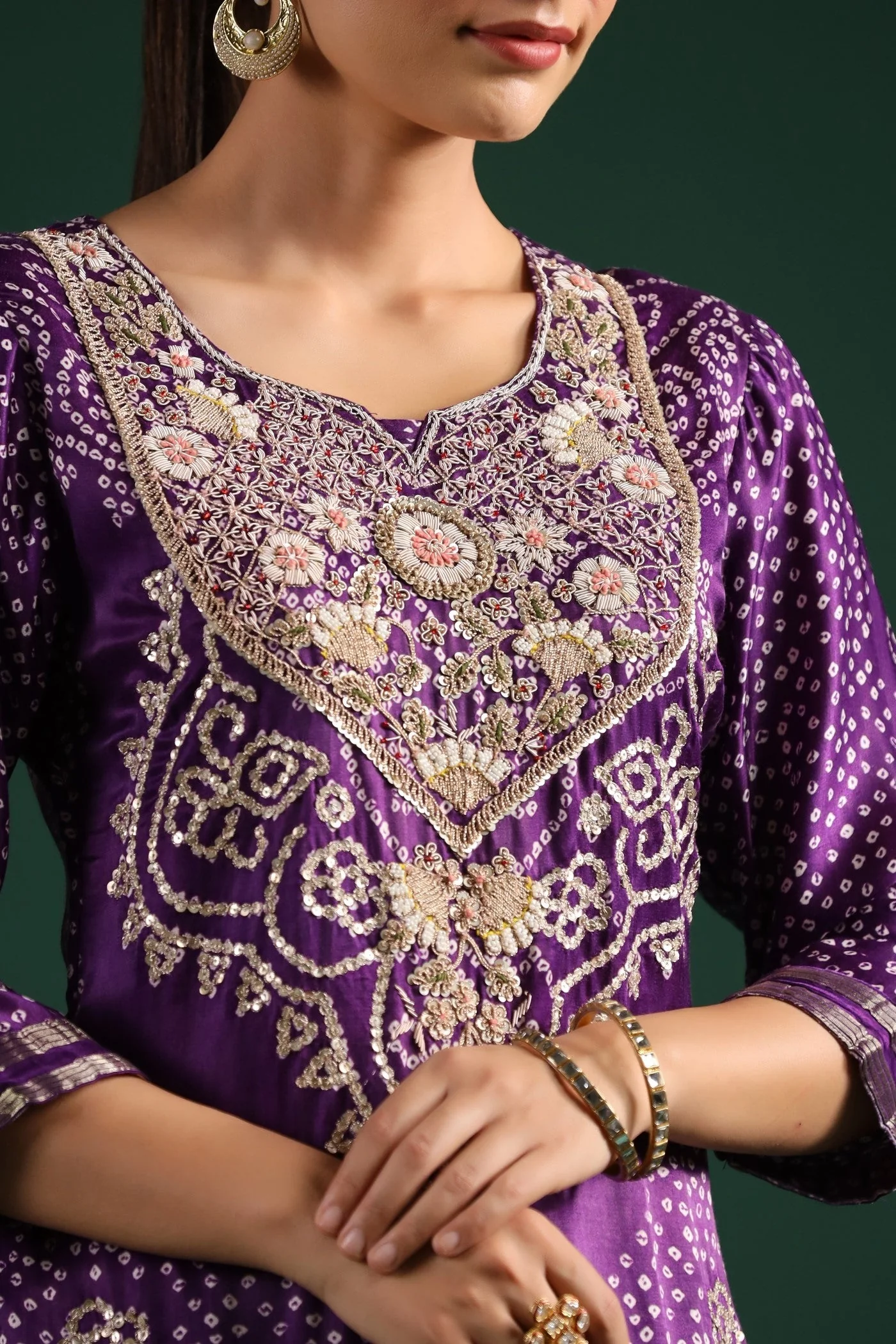 Purple Bandhani Embroidered Kurta Set - Image 6