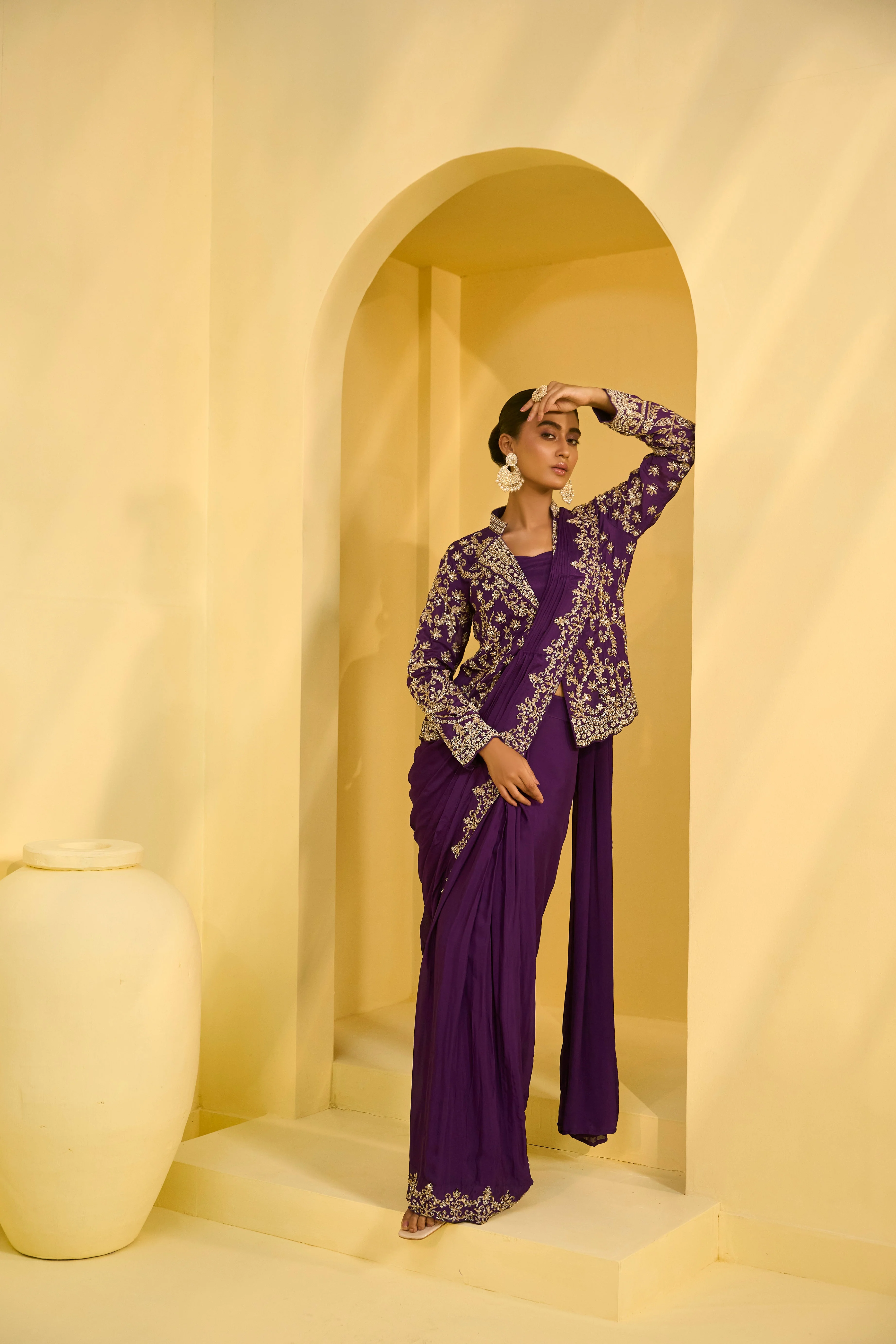 Imperial Purple Chinon Silk Draped Saree With Blazer - Image 3