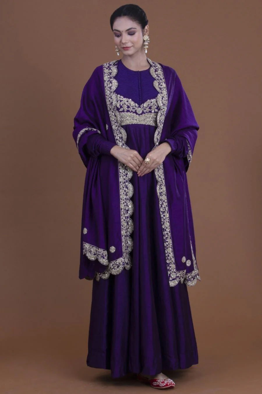 Purple Crepe Silk Long Dress And Dupatta Set - Image 3
