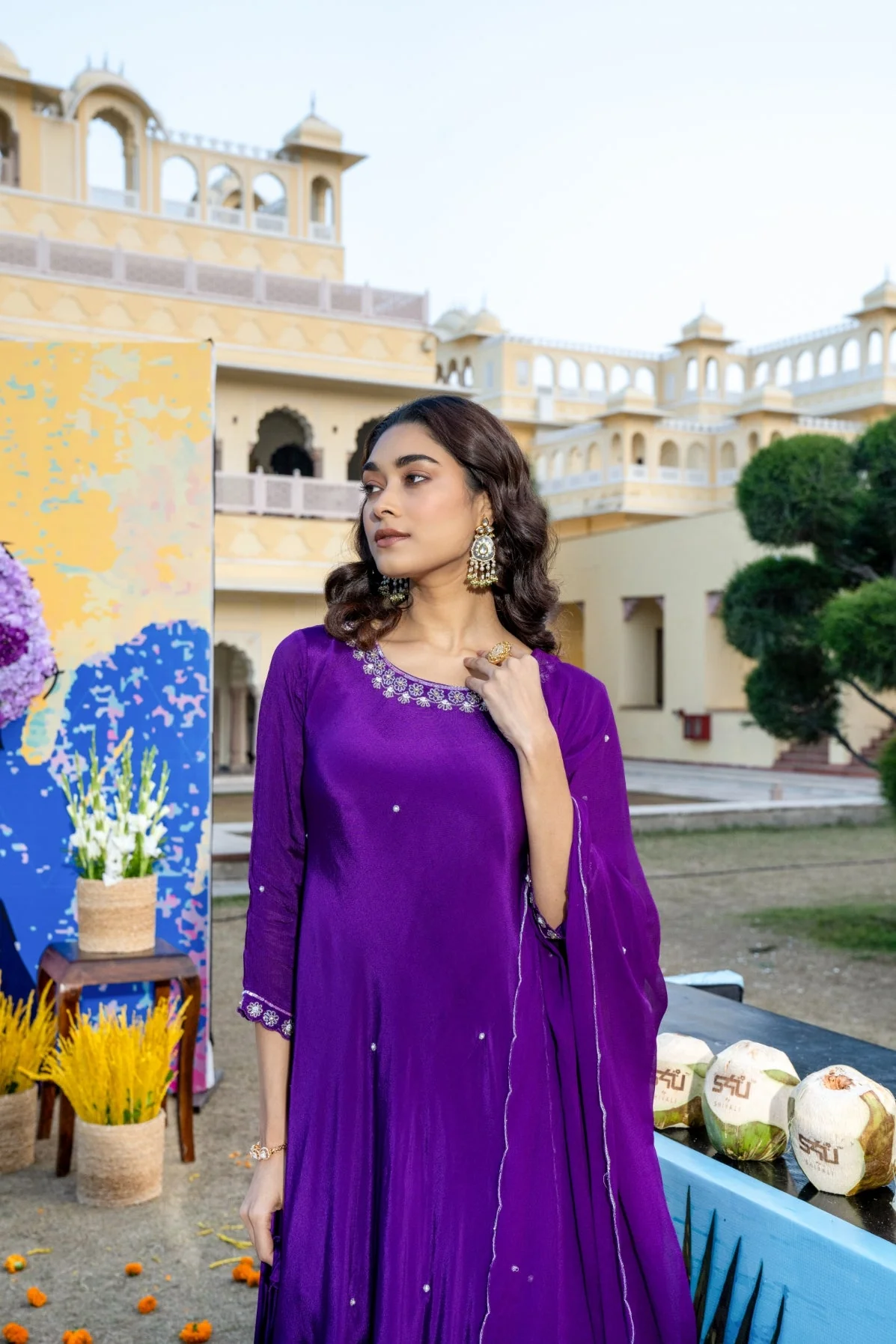Purple Embellished Asymmetrical Kurta Set with Potli bag - Image 3