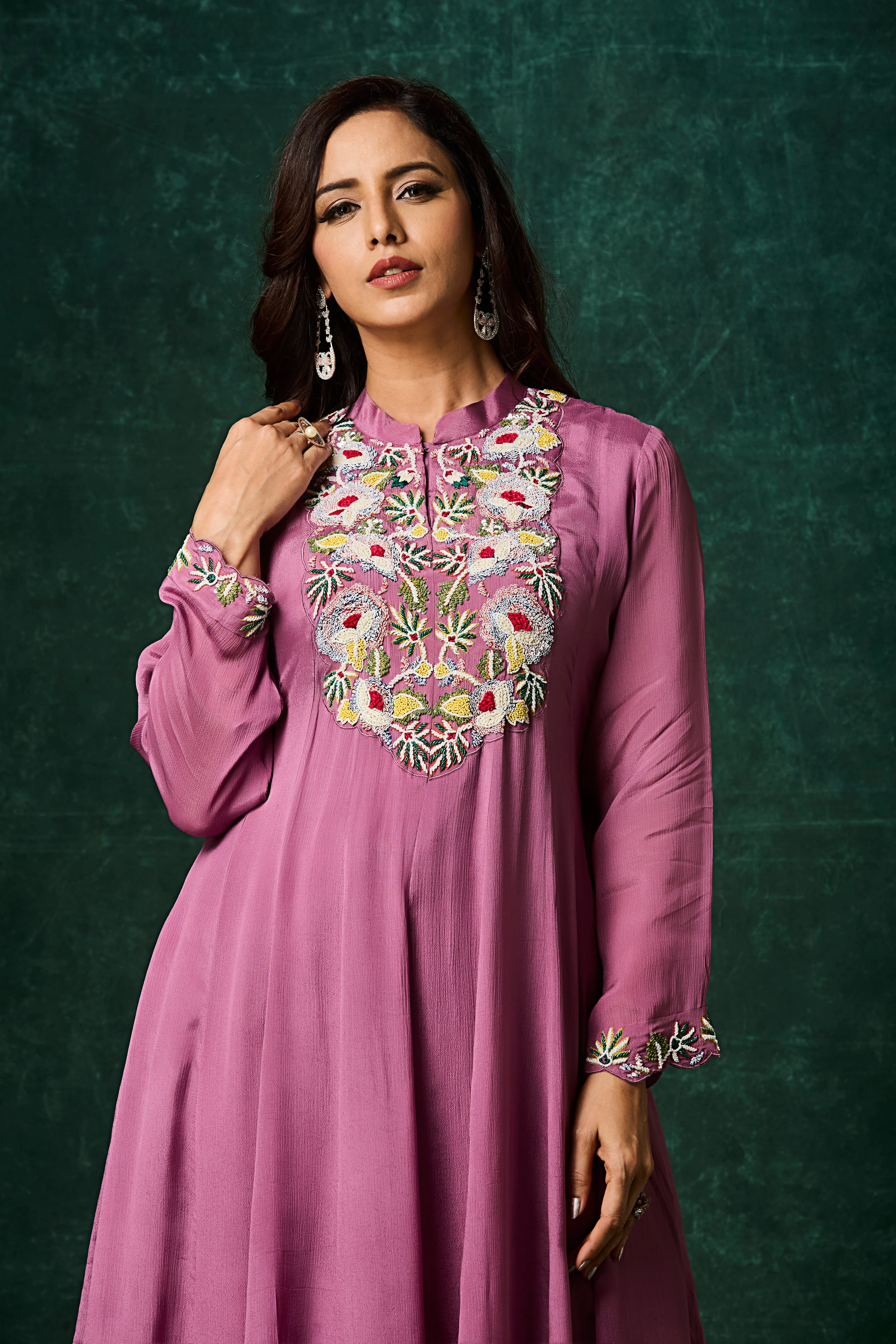 Purple Embellished Chinon Silk Anarkali Set - Image 2