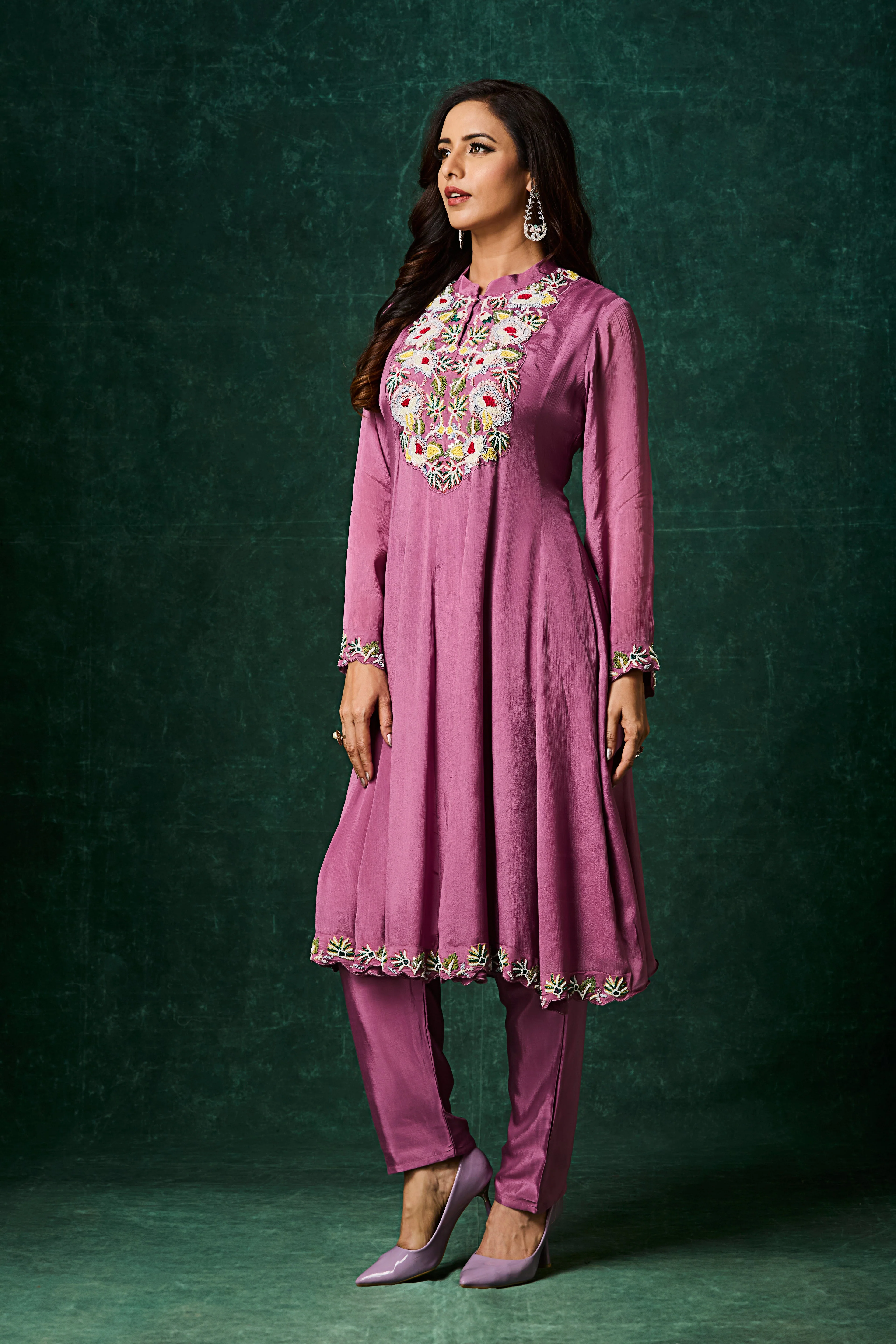 Purple Embellished Chinon Silk Anarkali Set - Image 3