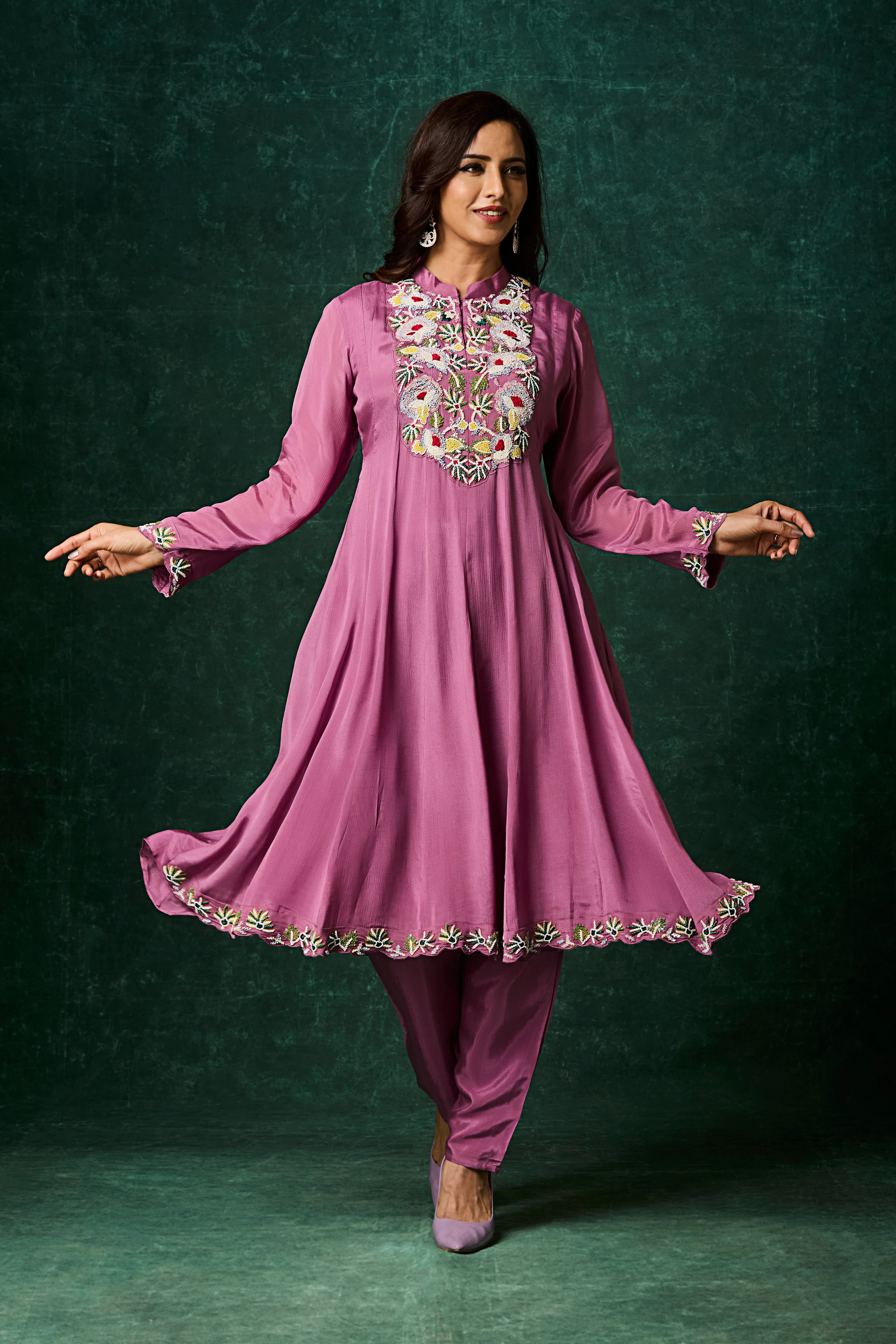 Purple Embellished Chinon Silk Anarkali Set - Image 4